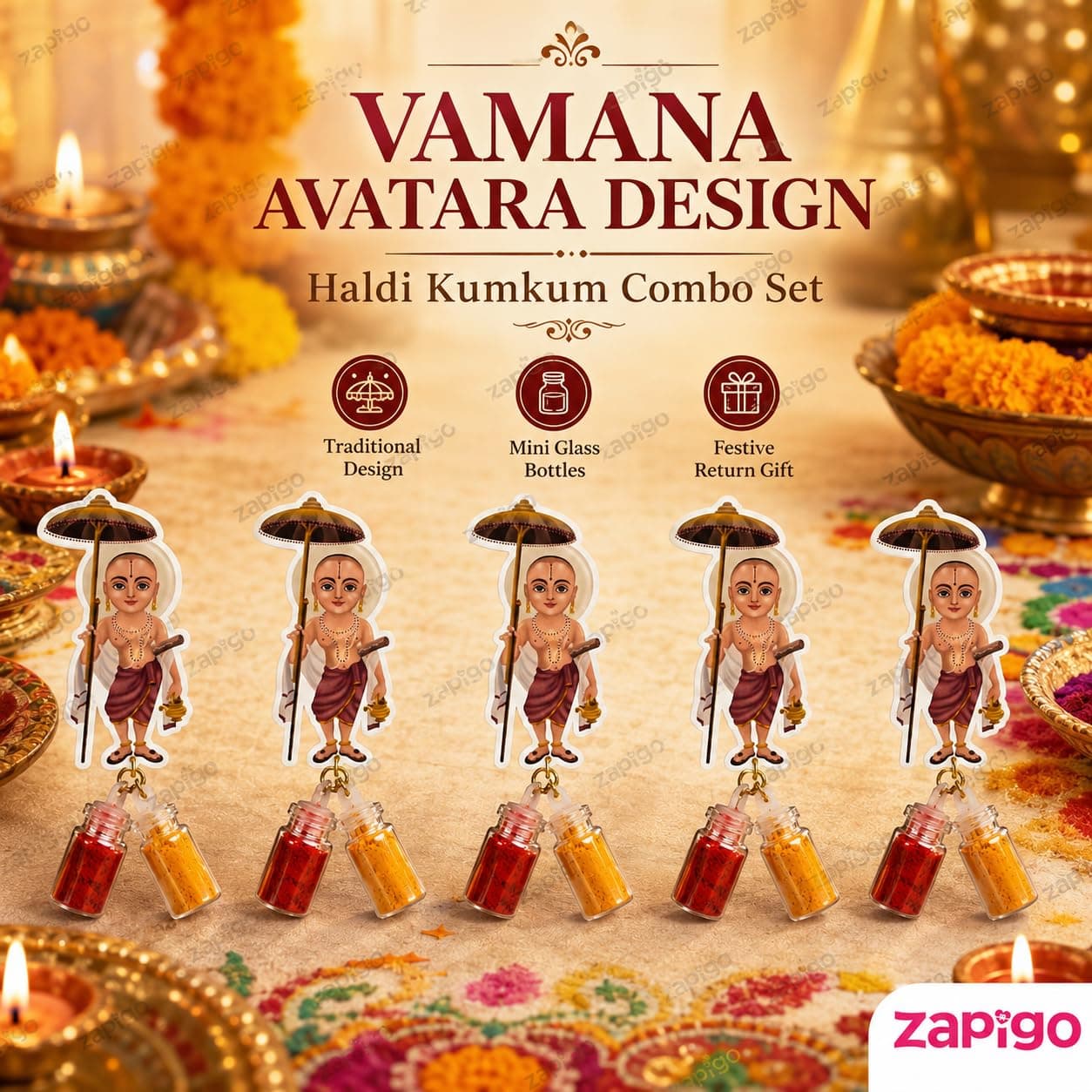 Habba Vamana Avatara Haldi Kumkum Set for Guests, Printed Cut-Out with Mini Dome Glass Bottles of Haldi & Kumkum, Traditional Onam, Vishnu Pooja, Satyanarayana Pooja & Griha Pravesh Return, Pack of 10 thumbnail 2