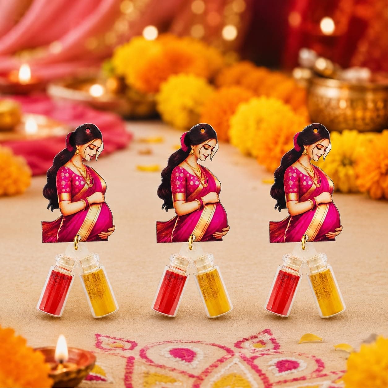 Habba Baby Shower Haldi Kumkum Set for Guests, Printed Cut-Out with Mini Dome Glass Bottles of Haldi & Kumkum, Traditional Seemantham, Godh Bharai, Valaikappu Return Gift, Pack of 5 thumbnail 1