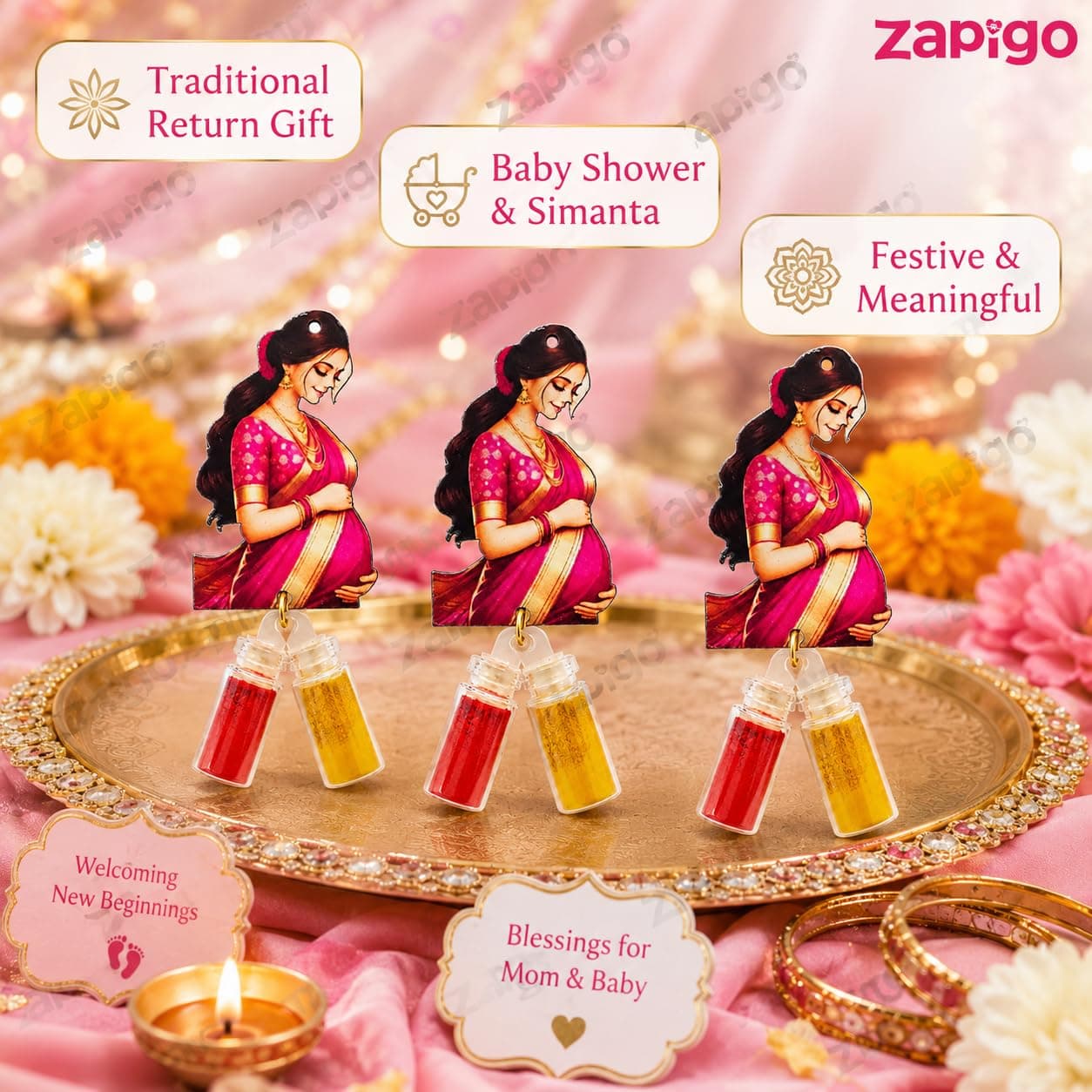 Habba Baby Shower Haldi Kumkum Set for Guests, Printed Cut-Out with Mini Dome Glass Bottles of Haldi & Kumkum, Traditional Seemantham/Godh Bharai/Valaikappu Return Gift, Pack of 10 thumbnail 2