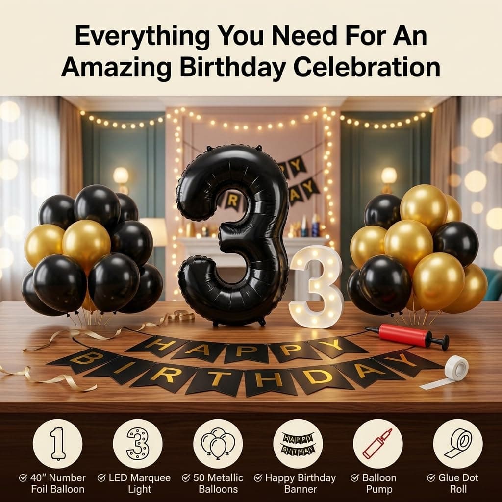 Balloonistics 21st Birthday Decoration Combo Kit - 40 Inch Black Foil Number Balloon, LED Marquee Light, 50 Black & Gold Balloons, Happy Birthday Banner, Balloon Pump & Glue Dots thumbnail 4
