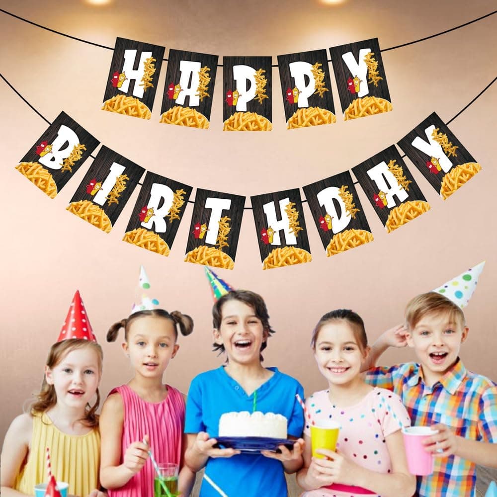 Balloonistics French Fries Theme Happy Birthday Banner Premium Cardstock Fast Food Party Decorations Birthday Backdrop for Foodie Including Ribbon thumbnail 3