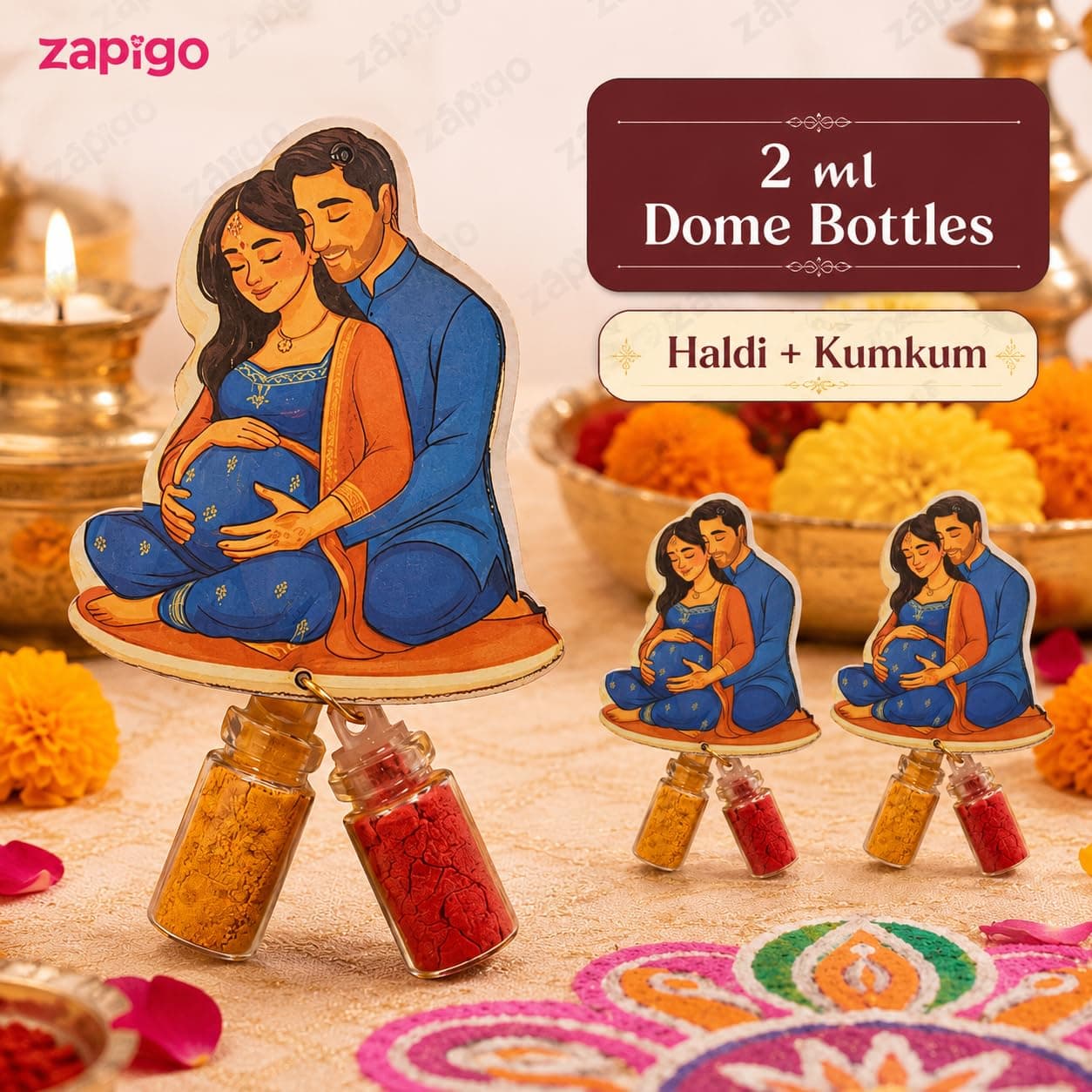 Habba Baby Shower Couple Haldi Kumkum Set for Guests, Printed Cut-Out with Mini Dome Glass Bottles of Haldi & Kumkum, Traditional Seemantham, Godh Bharai, Valaikappu Return Gift, Pack of 10 thumbnail 4