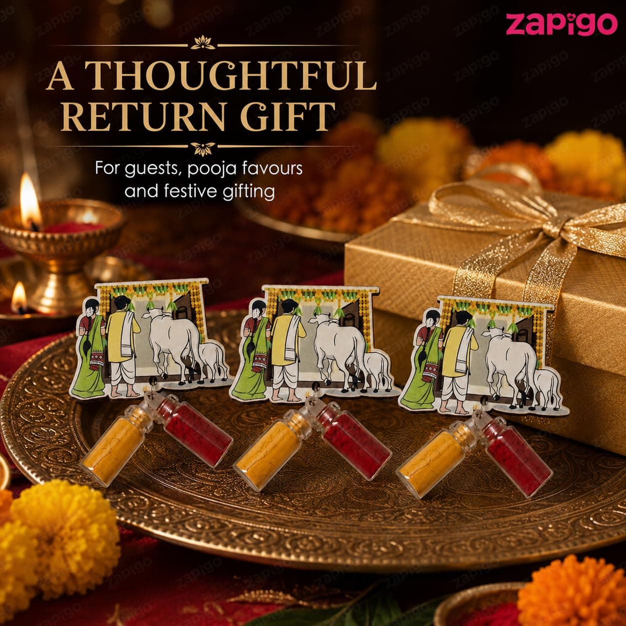 Habba House Warming Haldi Kumkum Set for Guests, Printed Cut-Out with Mini Dome Glass Bottles of Haldi & Kumkum, Traditional Griha Pravesh Pooja Return Gift (Gruhapravesam / Vaastu), Pack of 5 thumbnail 6