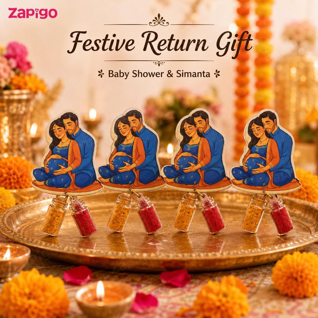 Habba Baby Shower Couple Haldi Kumkum Set for Guests, Printed Cut-Out with Mini Dome Glass Bottles of Haldi & Kumkum, Traditional Seemantham, Godh Bharai, Valaikappu Return Gift, Pack of 10 thumbnail 2