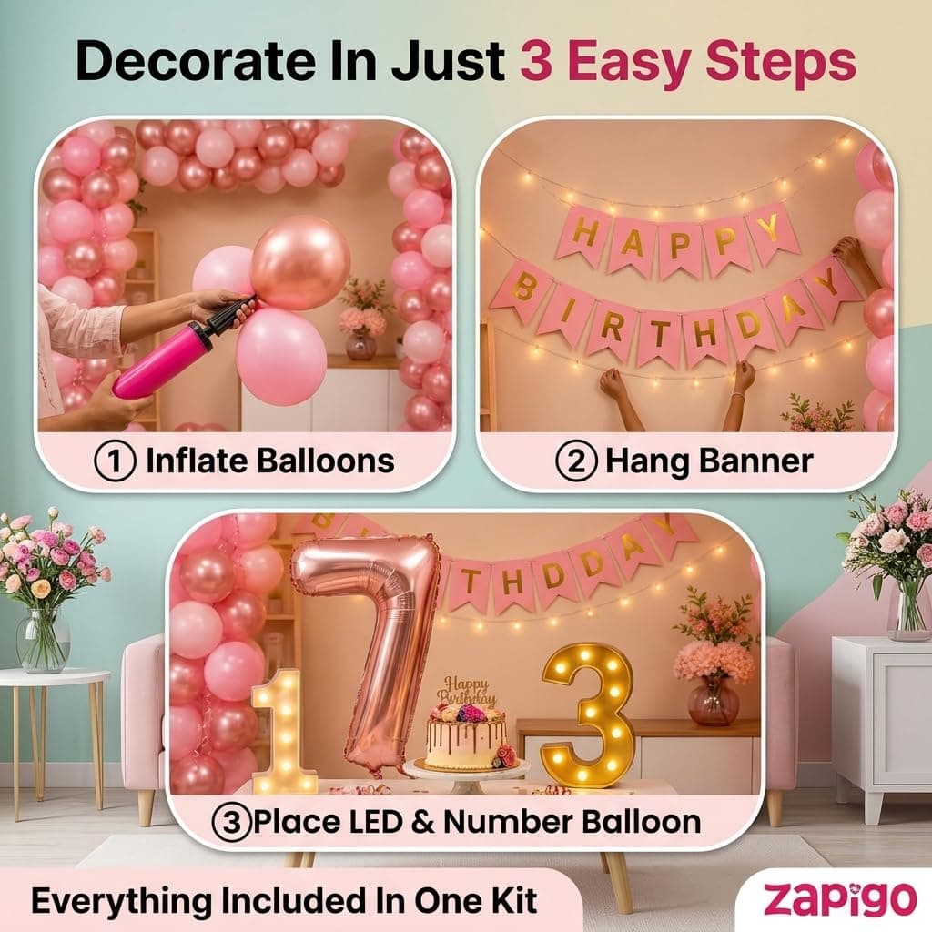 Balloonistics 1st Birthday Decoration Combo Kit - 40 Inch Rose Gold Foil Number Balloon, LED Marquee Light, 50 Rose Gold & Pink Balloons, Happy Birthday Banner, Balloon Pump & Glue Dots thumbnail 3