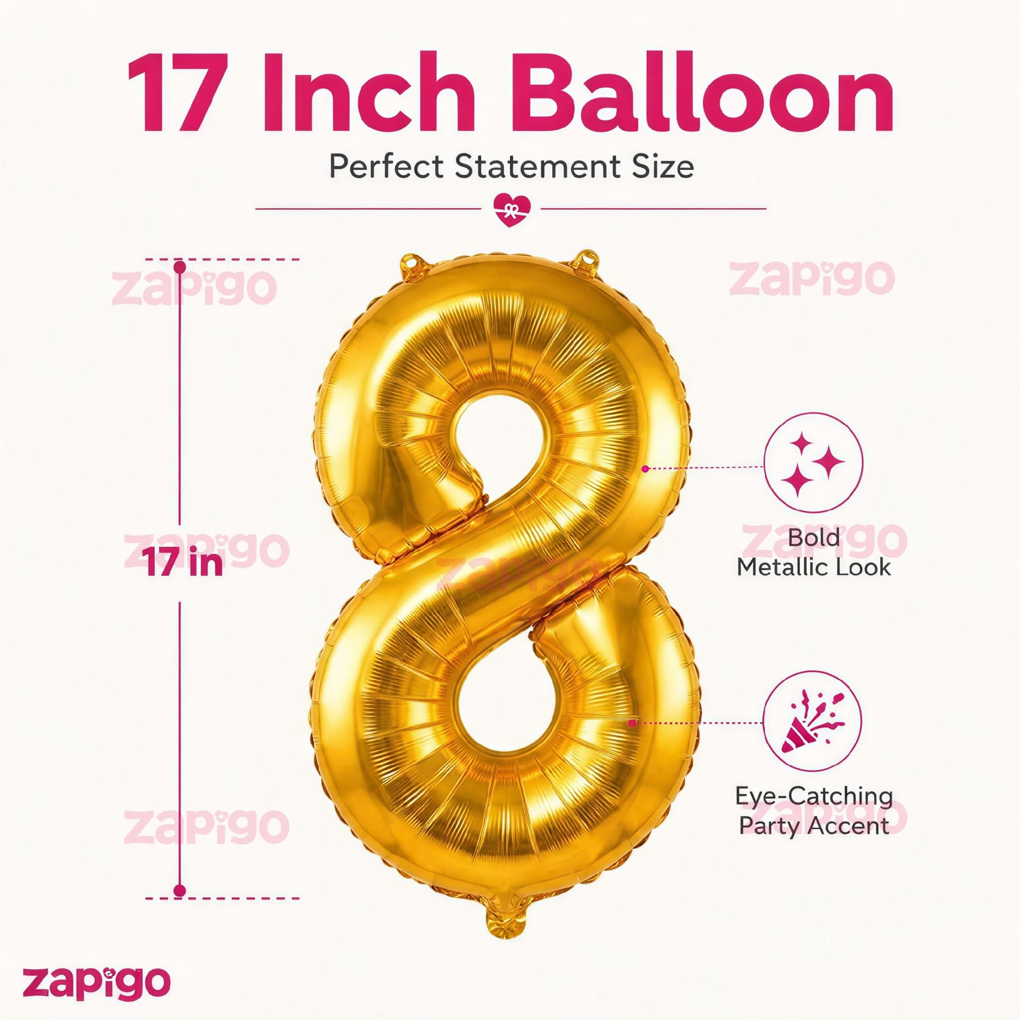 Balloonistics Number 8 Gold Foil Balloon – 16-Inch Metallic Single Digit Balloon for 8th Birthday, Lucky 8 & Party Decoration thumbnail 3