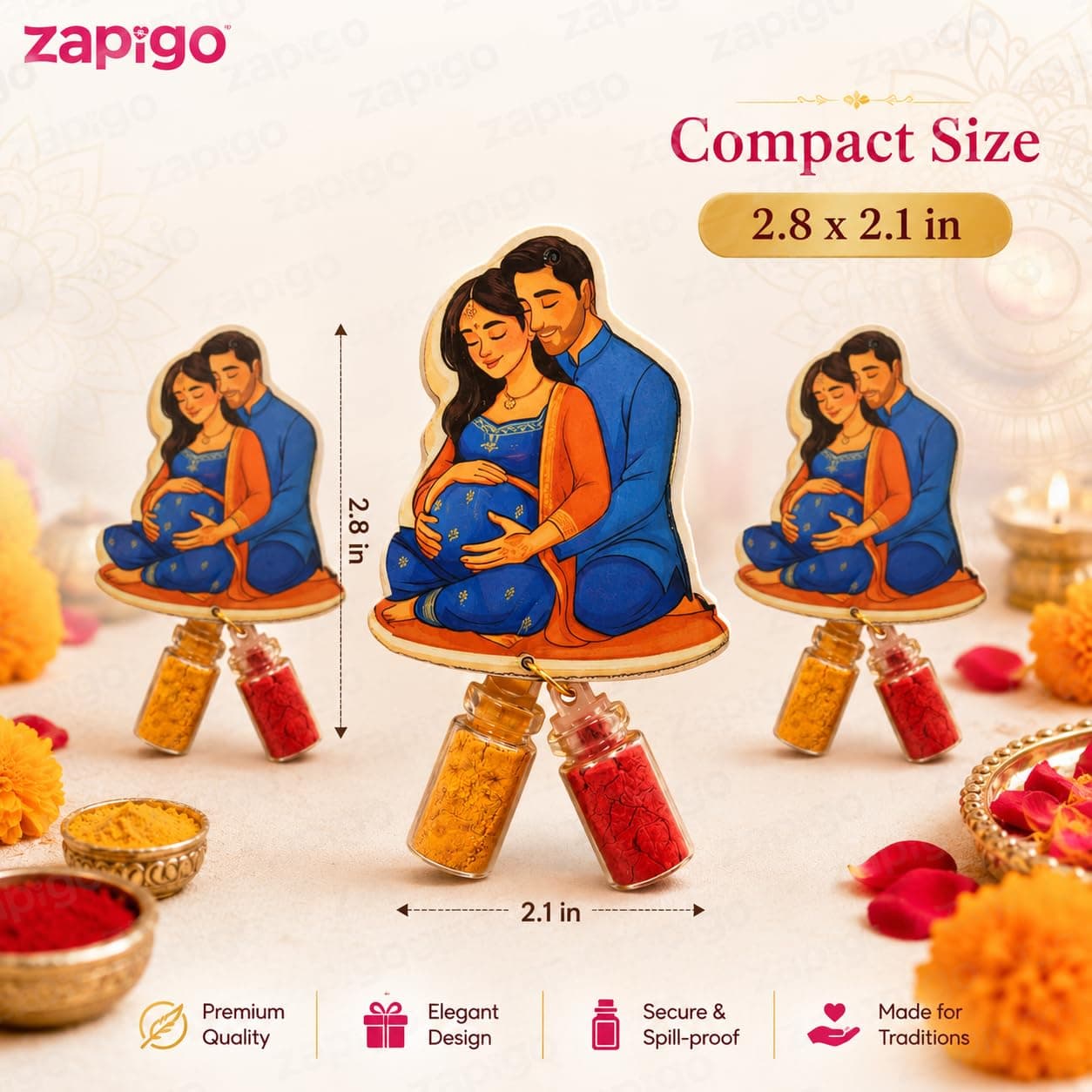 Habba Baby Shower Couple Haldi Kumkum Set for Guests, Printed Cut-Out with Mini Dome Glass Bottles of Haldi & Kumkum, Traditional Seemantham, Godh Bharai, Valaikappu Return Gift, Pack of 10 thumbnail 3