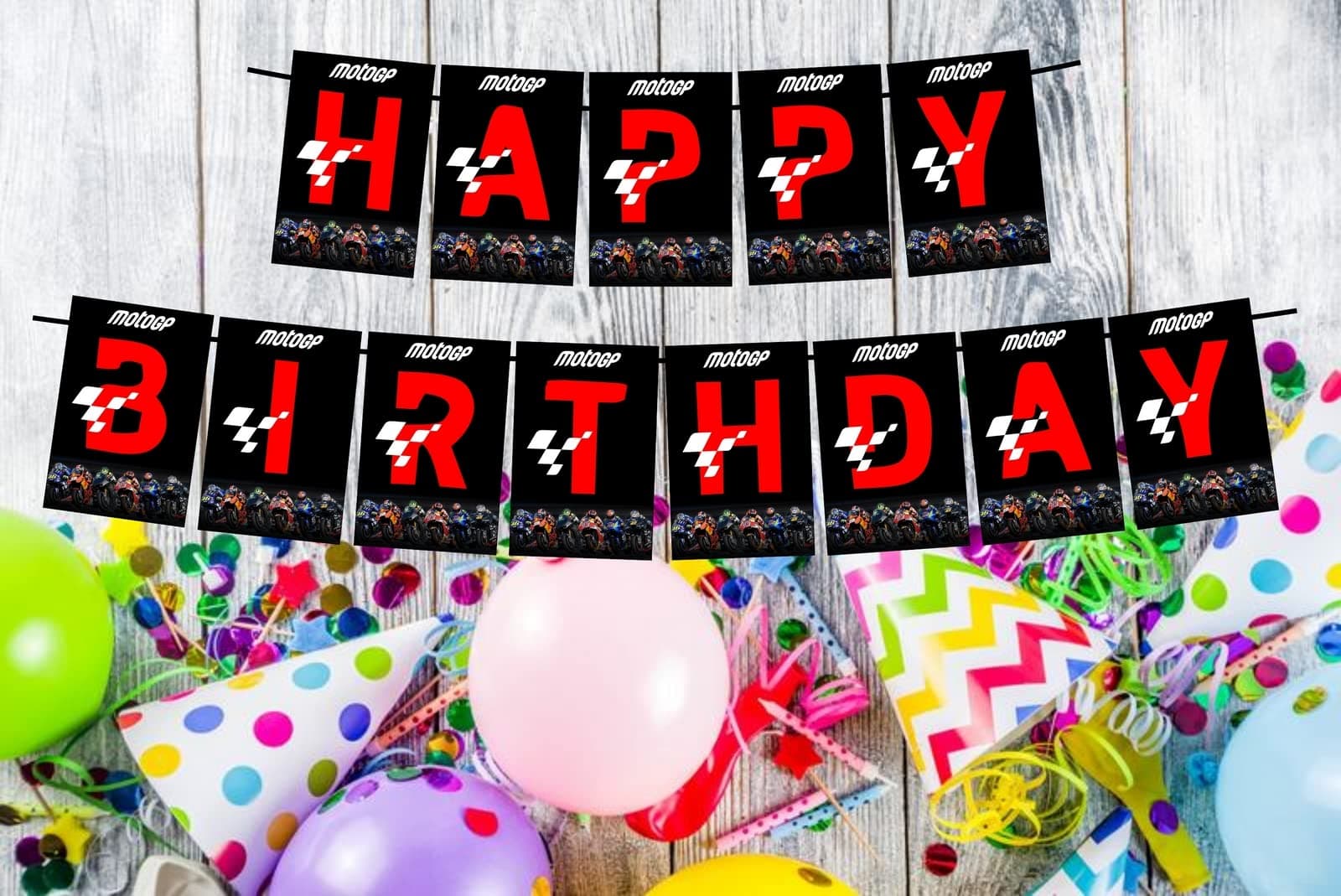 Balloonistics MotoGP Racing Theme Happy Birthday Banner - Premium Cardstock Bunting, Checkered Flag Design, Superbike Party Decoration thumbnail 2