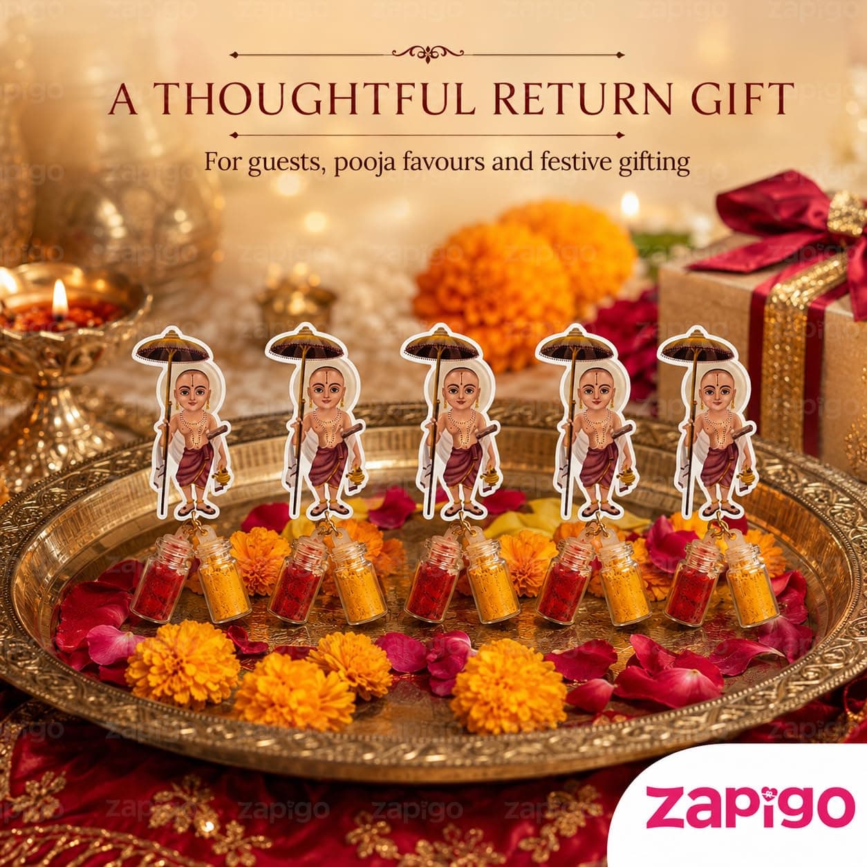Habba Vamana Avatara Haldi Kumkum Set for Guests, Printed Cut-Out with Mini Dome Glass Bottles of Haldi & Kumkum, Traditional Onam, Vishnu Pooja, Satyanarayana Pooja & Griha Pravesh Return, Pack of 10 thumbnail 5