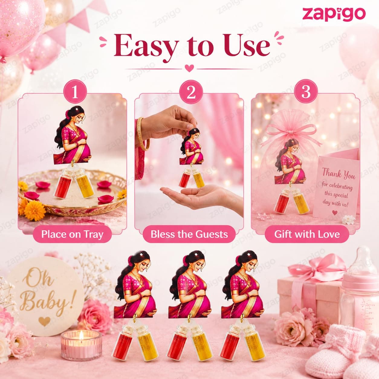 Habba Baby Shower Haldi Kumkum Set for Guests, Printed Cut-Out with Mini Dome Glass Bottles of Haldi & Kumkum, Traditional Seemantham/Godh Bharai/Valaikappu Return Gift, Pack of 10 thumbnail 7