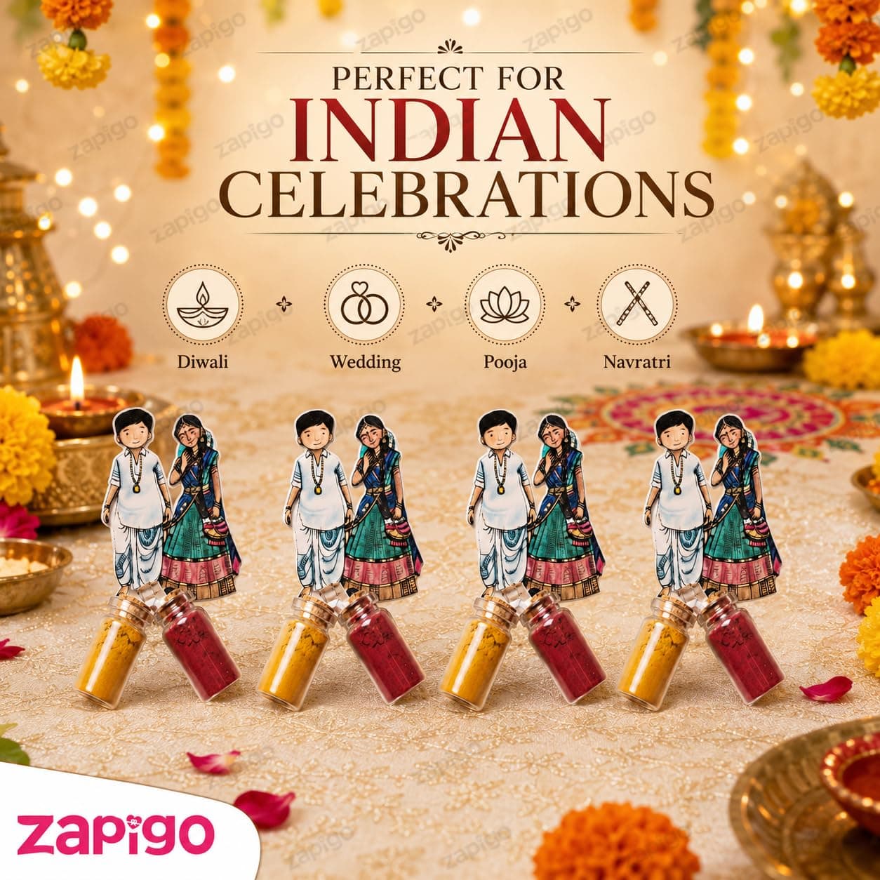 Habba Wedding Couple Haldi Kumkum Set for Guests, Printed Cut-Out with Mini Dome Glass Bottles of Haldi & Kumkum, Traditional Wedding Return Gift (Kalyanam / Vivah / Lagna), Pack of 10 thumbnail 3