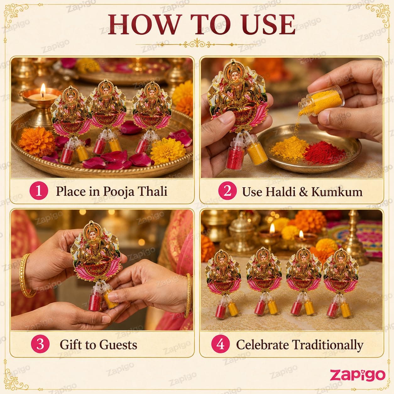 Habba Gaja Lakshmi Haldi Kumkum Set for Guests, Printed Cut-Out with Mini Dome Glass Bottles of Haldi & Kumkum, Traditional Varalakshmi Vratham, Deepavali, Navratri, Griha Pravesh, Pack of 5 thumbnail 7