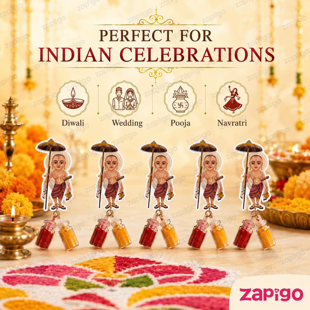 Habba Vamana Avatara Haldi Kumkum Set for Guests, Printed Cut-Out with Mini Dome Glass Bottles of Haldi & Kumkum, Traditional Onam, Vishnu Pooja, Satyanarayana Pooja & Griha Pravesh Return, Pack of 10 thumbnail 4