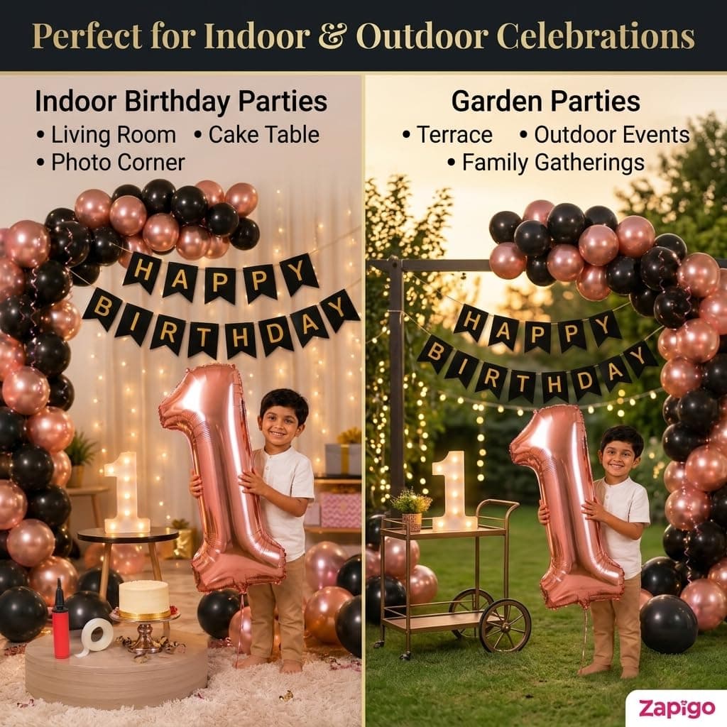 Balloonistics 14th Birthday Decoration Combo Kit - 40 Inch Rose Gold Foil Number Balloon, LED Marquee Light, 50 Rose Gold & Black Balloons, Happy Birthday Banner, Balloon Pump & Glue Dots thumbnail 7