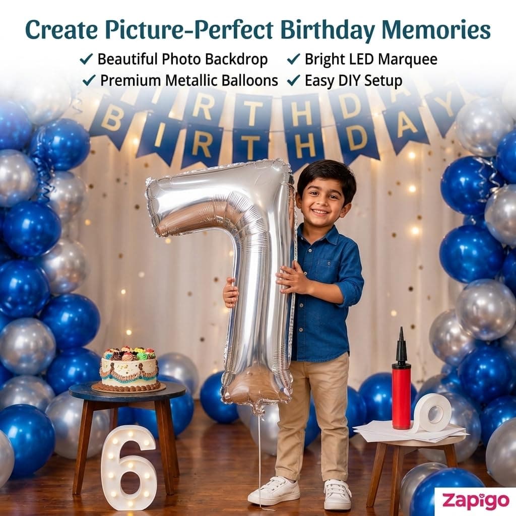 Balloonistics 6th Birthday Decoration Combo Kit - 40 Inch Silver Foil Number Balloon, LED Marquee Light, 50 Silver & Blue Balloons, Happy Birthday Banner, Balloon Pump & Glue Dots thumbnail 9