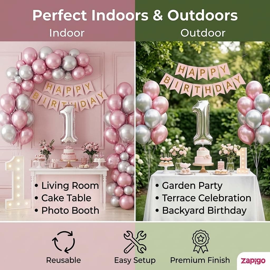 Balloonistics 12th Birthday Decoration Combo Kit - 40 Inch Silver Foil Number Balloon, LED Marquee Light, 50 Silver & Pink Balloons, Happy Birthday Banner, Balloon Pump & Glue Dots thumbnail 4