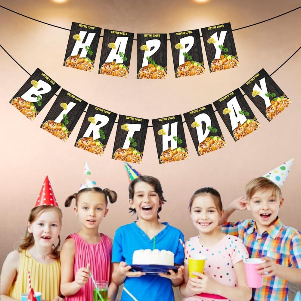 Balloonistics Biryani Theme Happy Birthday Banner Premium Cardstock Party Decorations Fun Desi Birthday Backdrop for Biryani Lovers Including Ribbon thumbnail 3