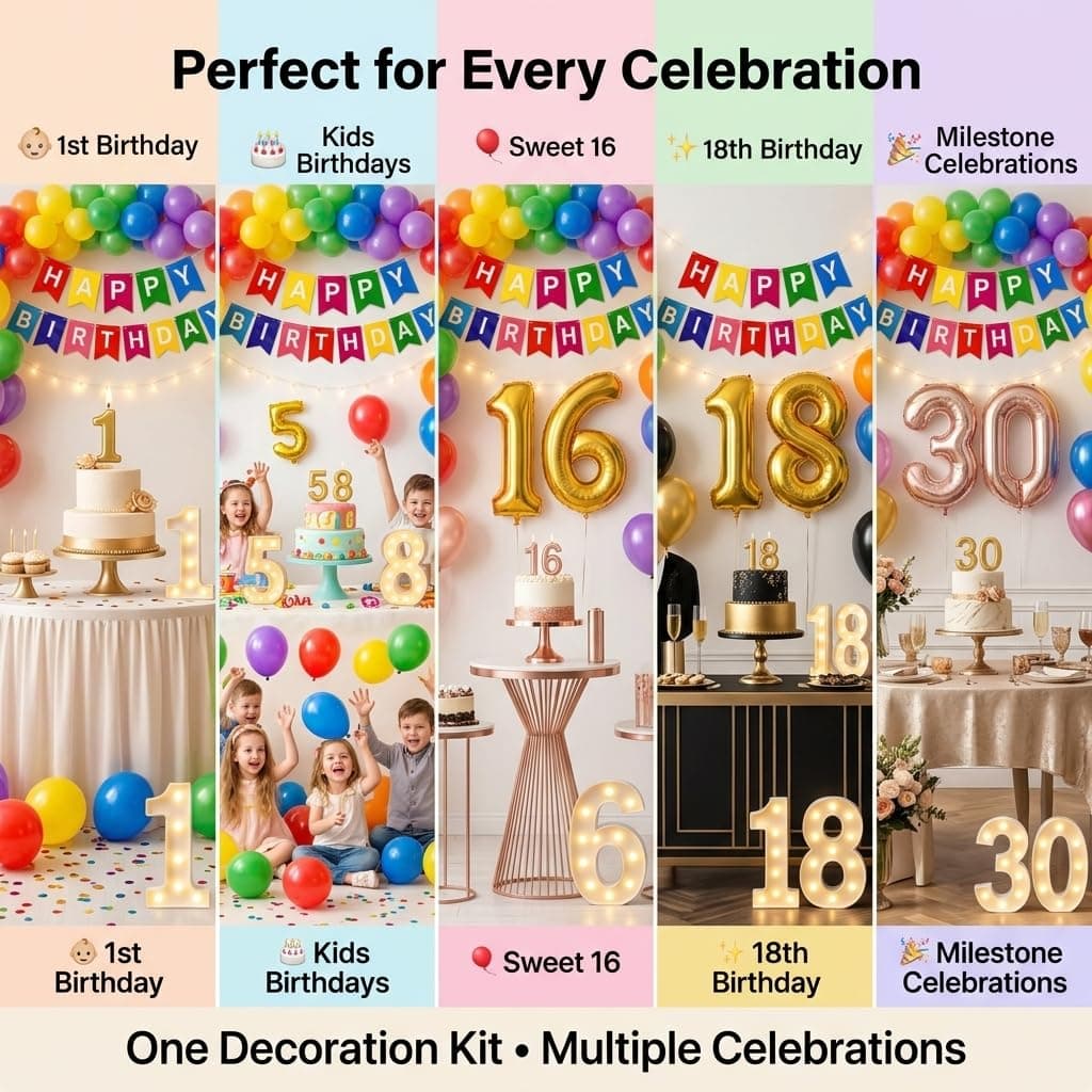 Balloonistics 25th Birthday Decoration Combo Kit - 40 Inch Gold Foil Number Balloon, LED Marquee Light, 50 Black & Gold Balloons, Happy Birthday Banner, Balloon Pump & Glue Dots thumbnail 5