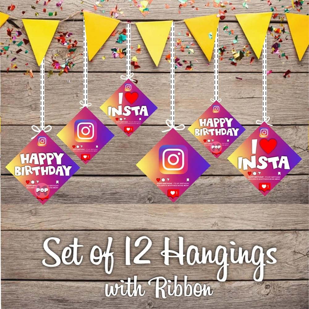 Balloonistics Insta King Theme Hanging Decorations - Pack of 12 Double-Sided Cardstock Cutouts - Royal Blue & Gold Social Media Inspired Party Decor with Ribbons for Boys, Teens & Trendy Birthdays (Hangings - Pack of 12) thumbnail 2