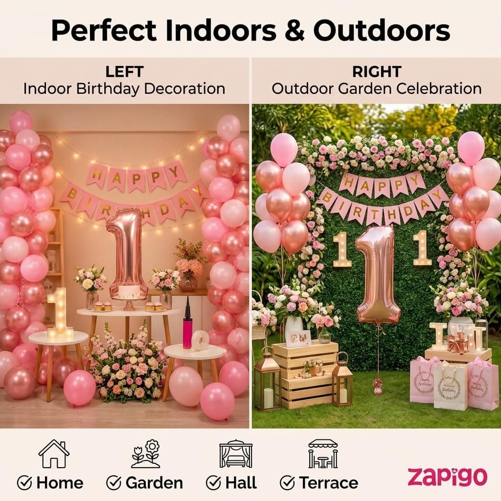 Balloonistics 12th Birthday Decoration Combo Kit - 40 Inch Rose Gold Foil Number Balloon, LED Marquee Light, 50 Rose Gold & Pink Balloons, Happy Birthday Banner, Balloon Pump & Glue Dots thumbnail 4