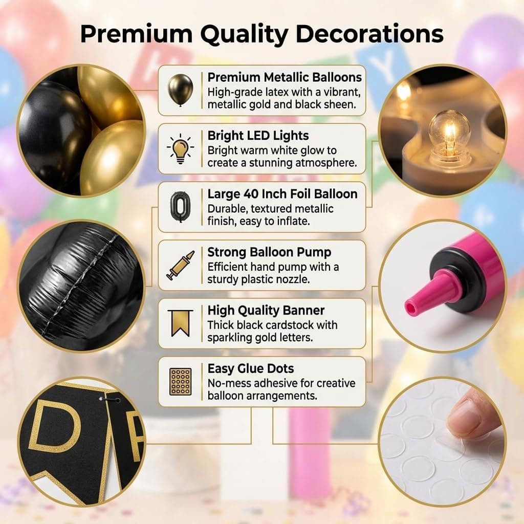 Balloonistics 4th Birthday Decoration Combo Kit - 40 Inch Black Foil Number Balloon, LED Marquee Light, 50 Black & Gold Balloons, Happy Birthday Banner, Balloon Pump & Glue Dots thumbnail 5