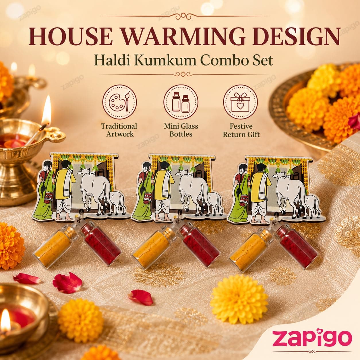 Habba House Warming Haldi Kumkum Set for Guests, Printed Cut-Out with Mini Dome Glass Bottles of Haldi & Kumkum, Traditional Griha Pravesh Return Gift (Gruhapravesam, Vaastu), Pack of 10 thumbnail 2