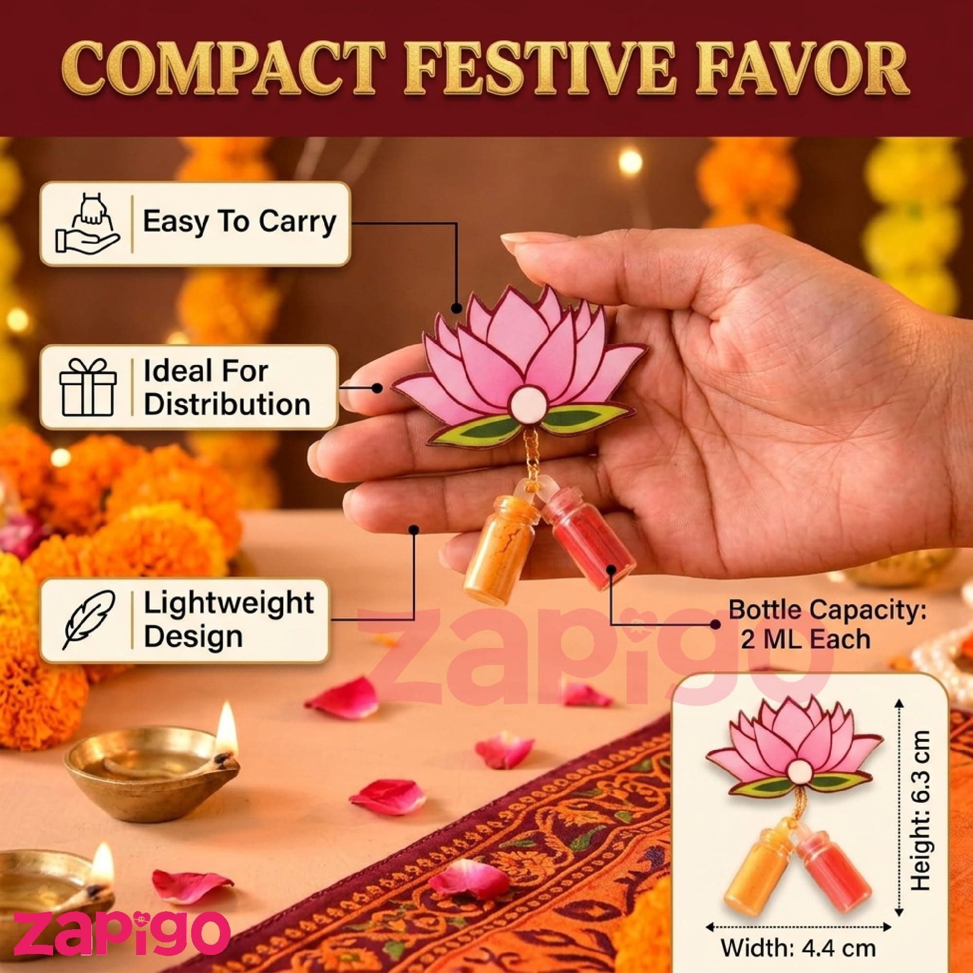 Habba Lotus Design Haldi Kumkum Set, Pasupu Kumkum in Dome Glass Bottle, Traditional Return Gift for Wedding, Pooja, Diwali, Navratri, Varalakshmi Vratham & Indian Festivals - Pack of 10 thumbnail 2