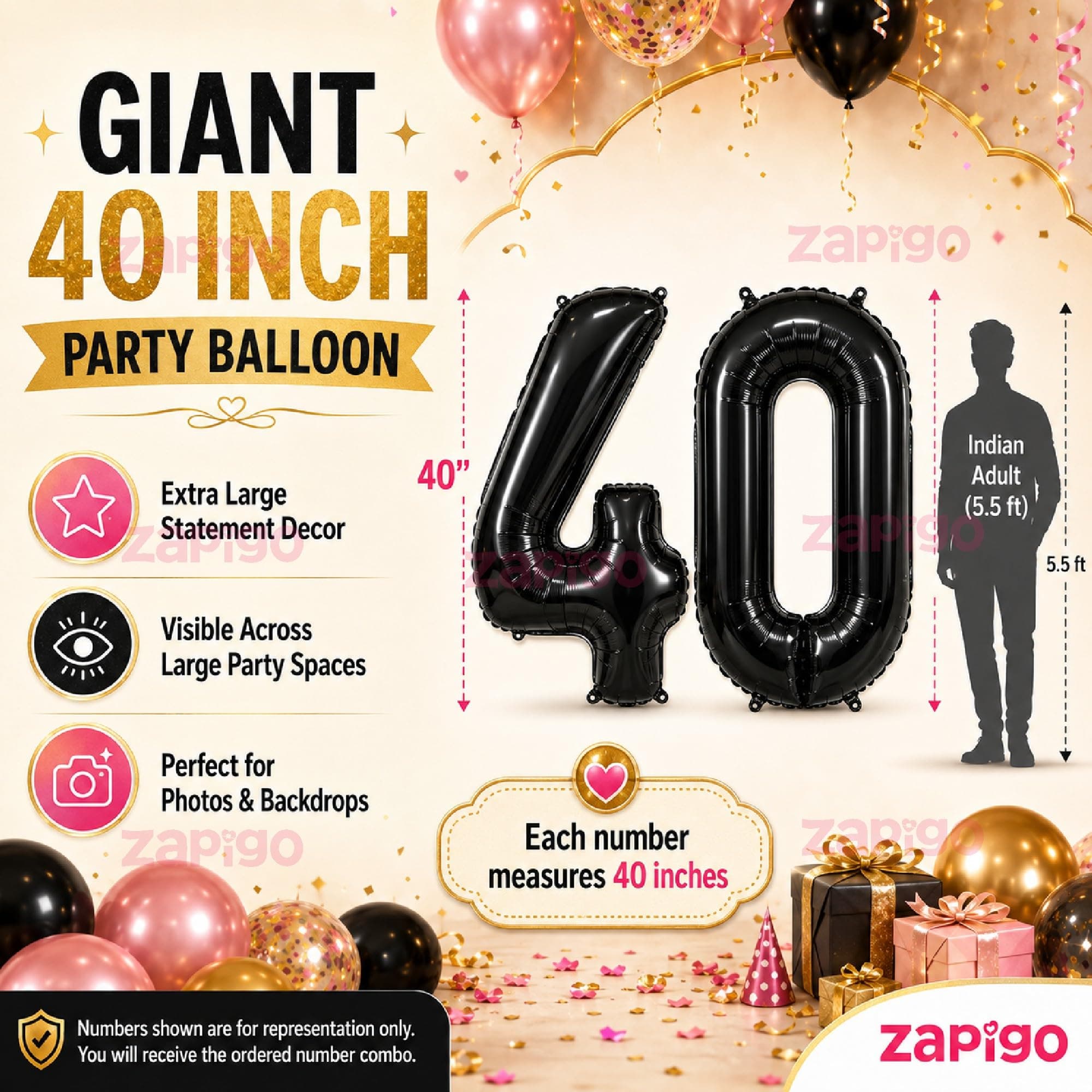 Balloonistics Black 40-Inch Foil Number 4 Balloon - Helium or Air Fill for 4th Birthday, Anniversary Party Decoration, Photo Booth Backdrop, Cake Table Decor thumbnail 5