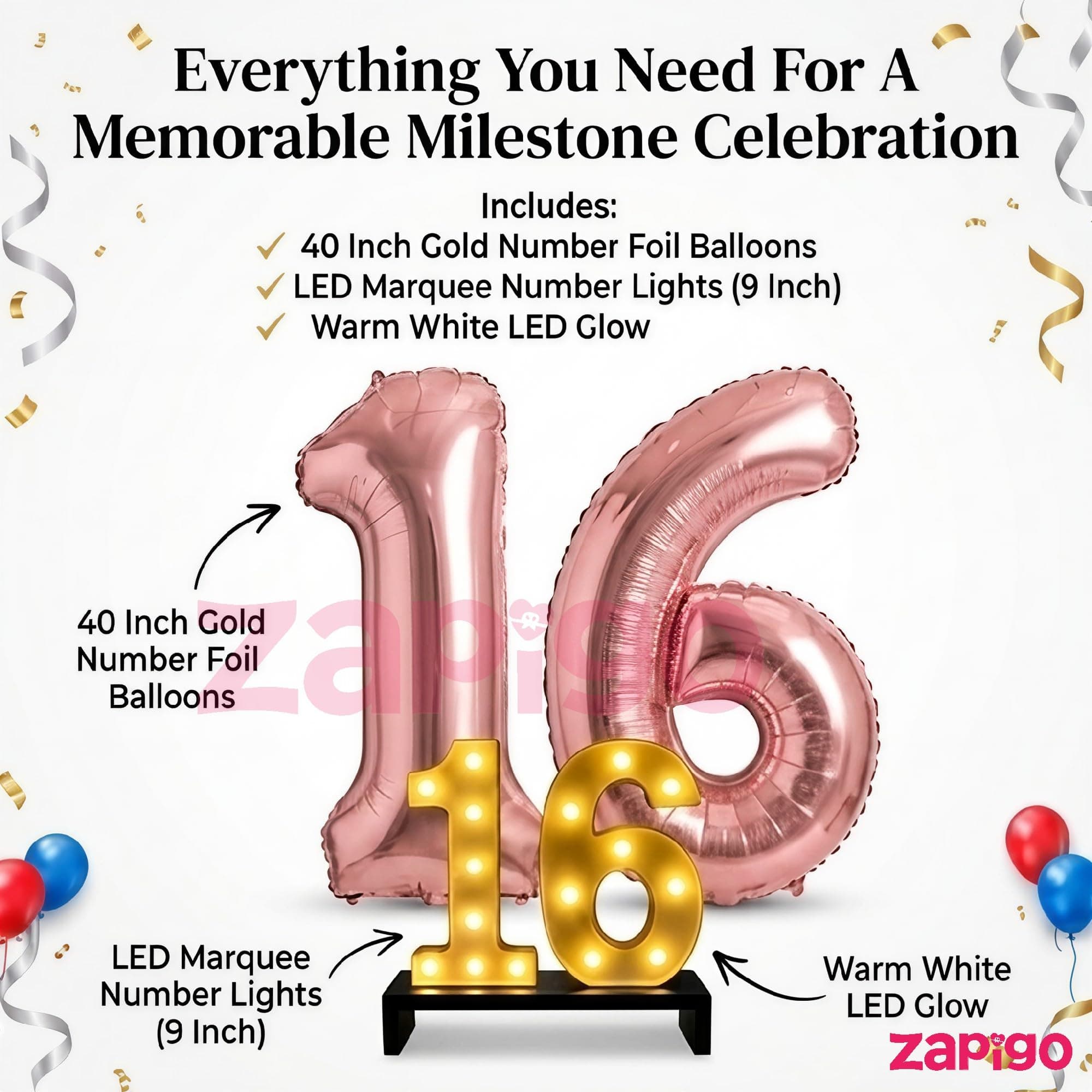 Balloonistics 12th Birthday Decoration Combo Kit - 40 Inch Rose Gold Foil Number Balloon, LED Marquee Light, 50 Rose Gold & Black Balloons, Happy Birthday Banner, Balloon Pump & Glue Dots thumbnail 8