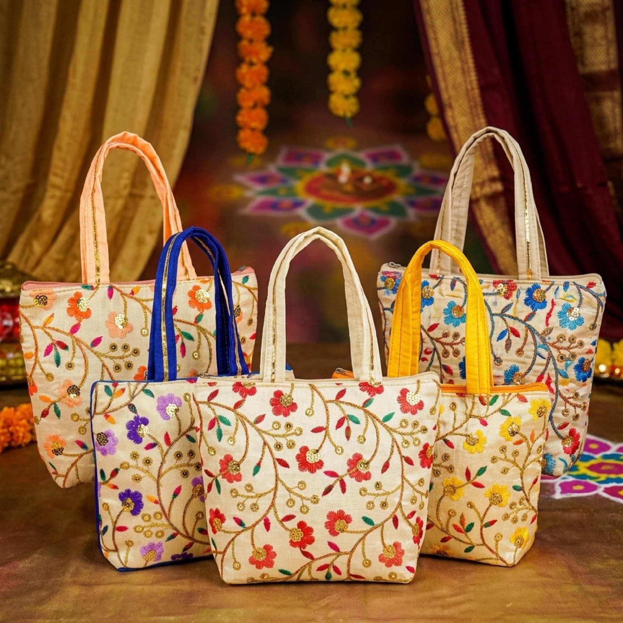 Habba Embroidered Floral Tote Bag for Women, Zip Closure Compact Ethnic Festive Wedding, Mehendi, Haldi, Navratri, Diwali, Baby Shower, Gruhapravesam Return Gift Bag, Pack of 10