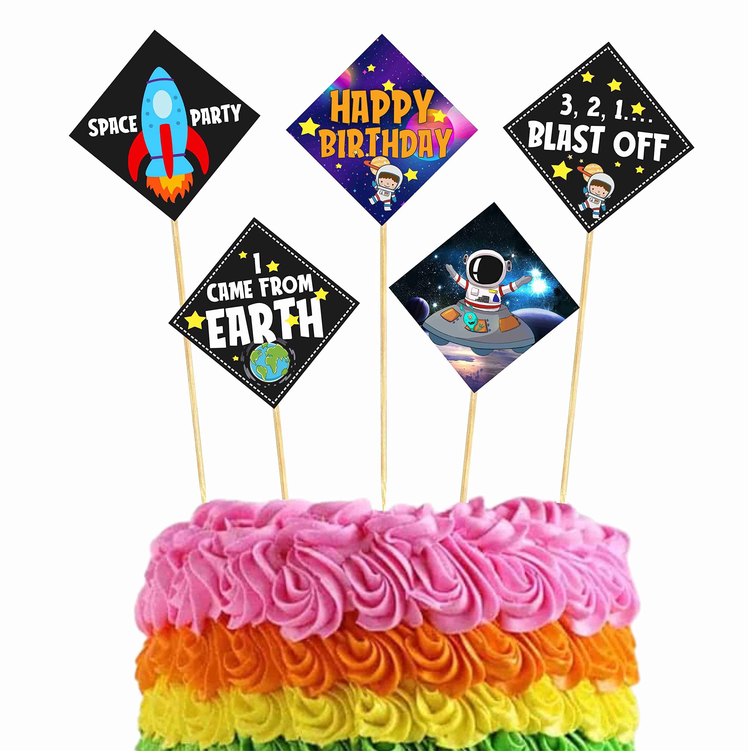 Balloonistics Space Theme Cake Topper Premium Cardstock Double-Sided Cake Decorations with Bamboo Sticks Party Supplies for Kids (Cake Topper - Pack of 10) thumbnail 1