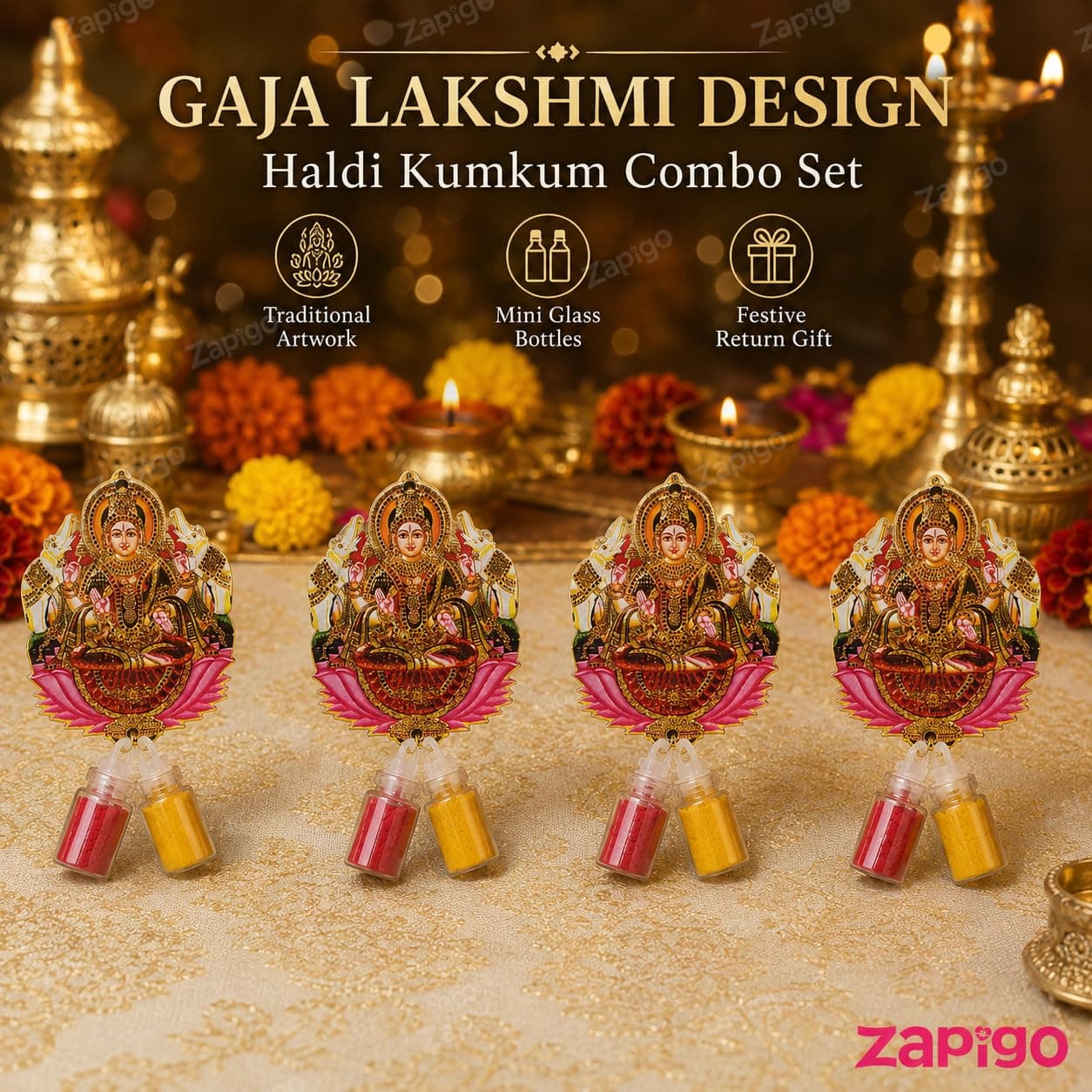 Habba Gaja Lakshmi Haldi Kumkum Set for Guests, Printed Cut-Out with Mini Dome Glass Bottles of Haldi & Kumkum, Traditional Varalakshmi Vratham, Deepavali, Navratri, Griha Pravesh, Pack of 5 thumbnail 2