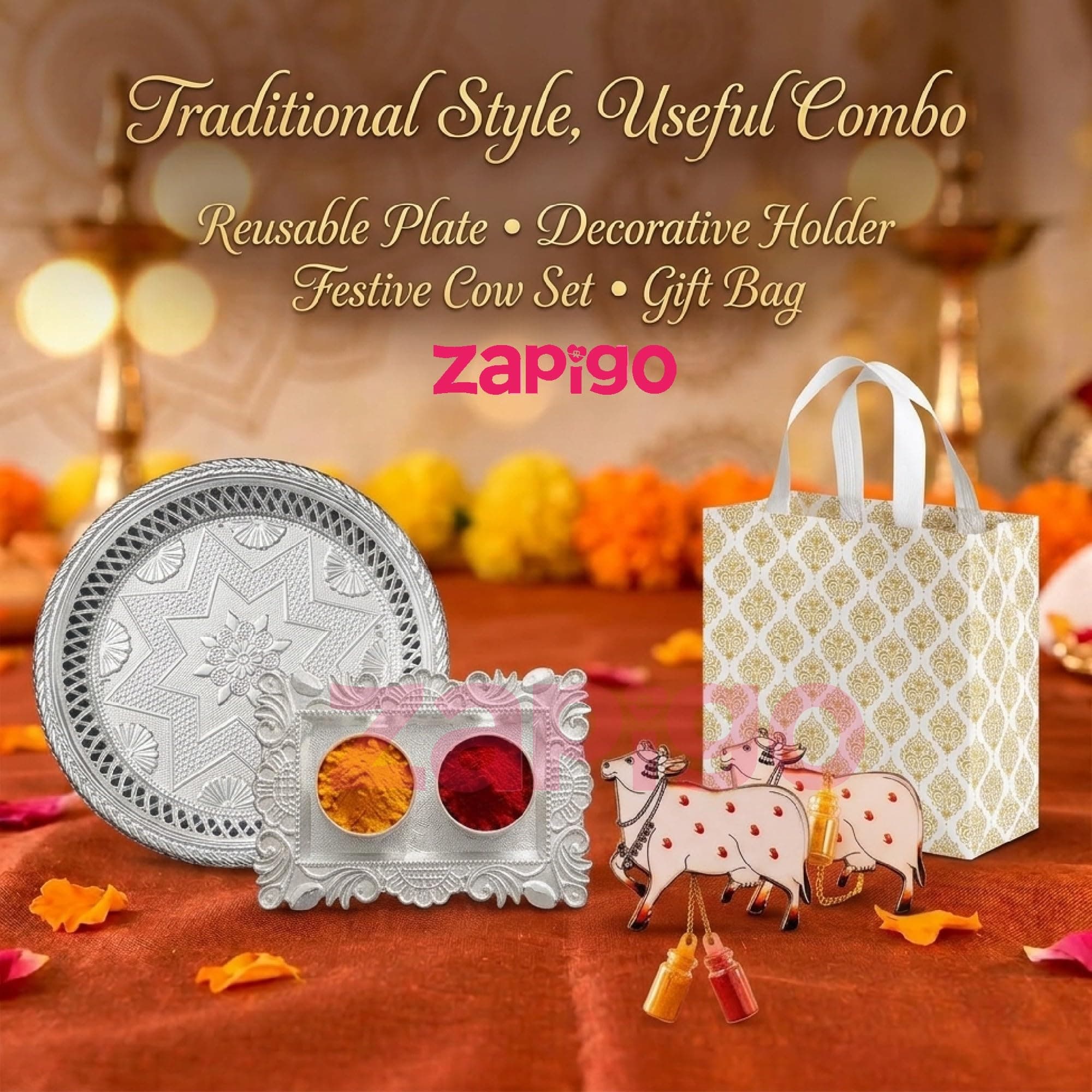 Habba Festive Return Gift Set with Silver Plate, Cow Design Kumkum Holder, Silver Kumkum Set & Laminated Gift Bag, Traditional Haldi Kumkum Return Gift for Diwali, Navratri, Weddings - Pack of 5 thumbnail 6
