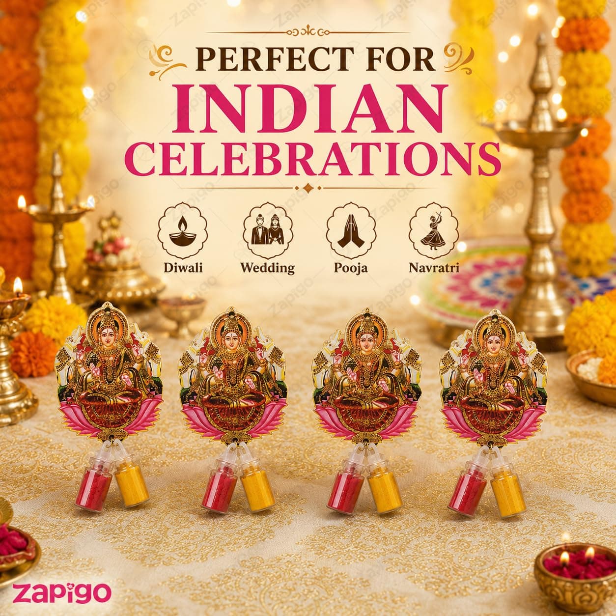 Habba Gaja Lakshmi Haldi Kumkum Set for Guests, Printed Cut-Out with Mini Dome Glass Bottles of Haldi & Kumkum, Traditional Varalakshmi Vratham, Deepavali, Navratri, Griha Pravesh, Pack of 5 thumbnail 5