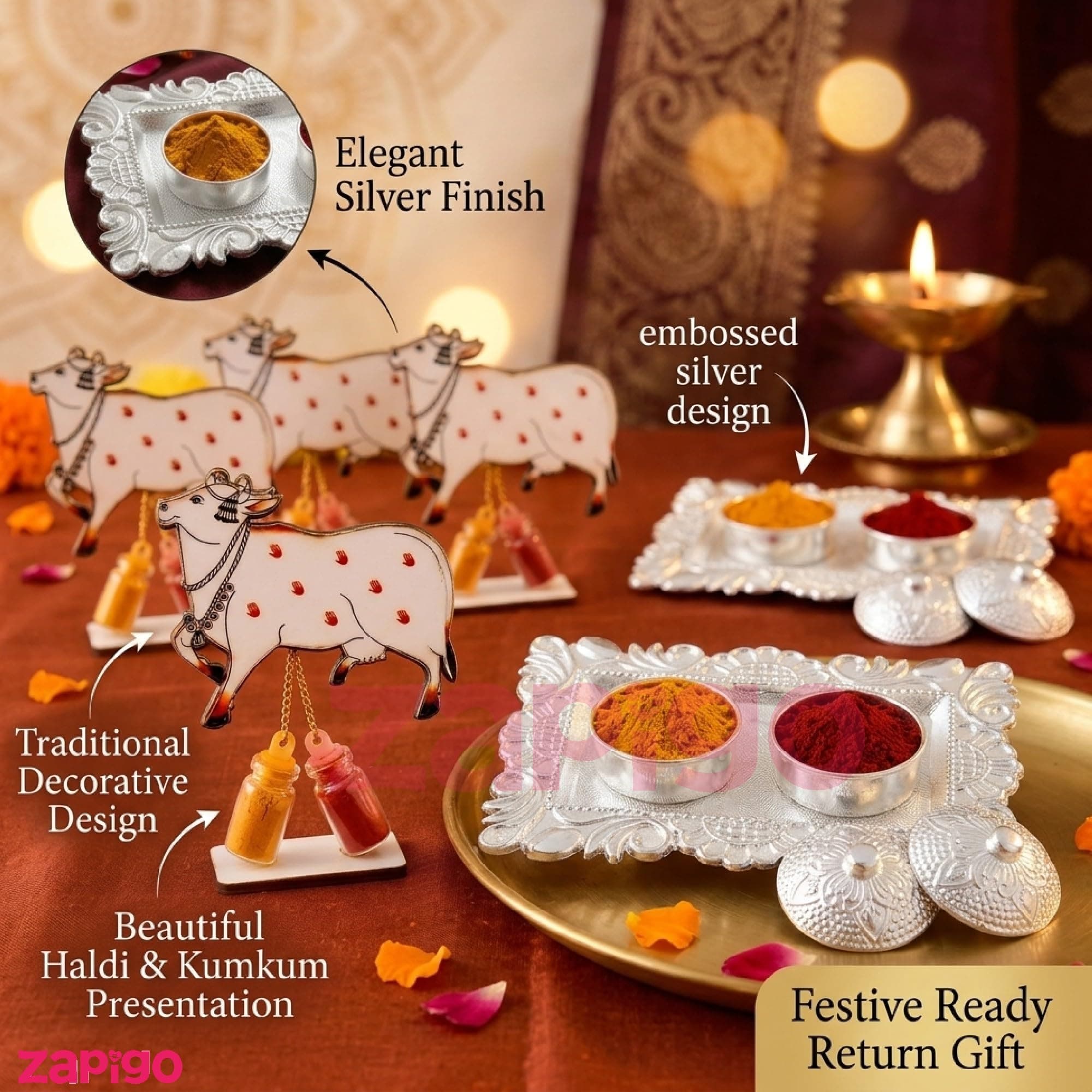 Habba Cow Design Haldi Kumkum Set with Silver Kumkum Holder, Traditional Pasupu Kumkum Gift Set for Pooja, Diwali, Navratri, Wedding, Housewarming & Tambulam Return Gifts for Women - Pack of 10 thumbnail 4