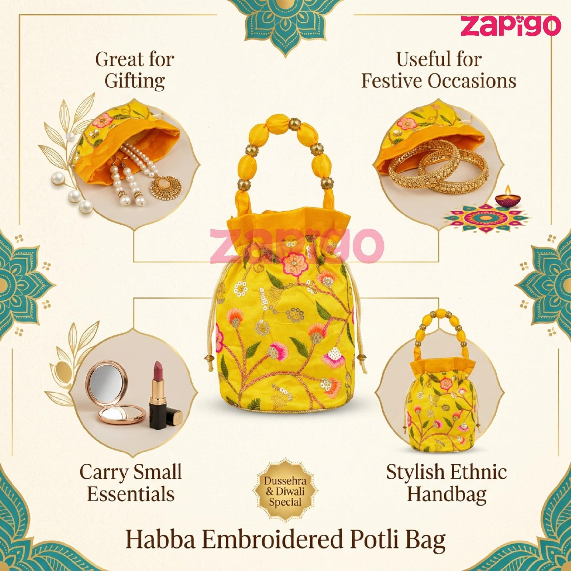 Habba Embroidered Potli Bag with Handle, Drawstring Closure, Compact Ethnic Festive Shagun & Return Gift Bag for Women, Weddings, Mehendi, Haldi Kumkum, Diwali, Navratri, Baby Showers, Pack of 5 thumbnail 7