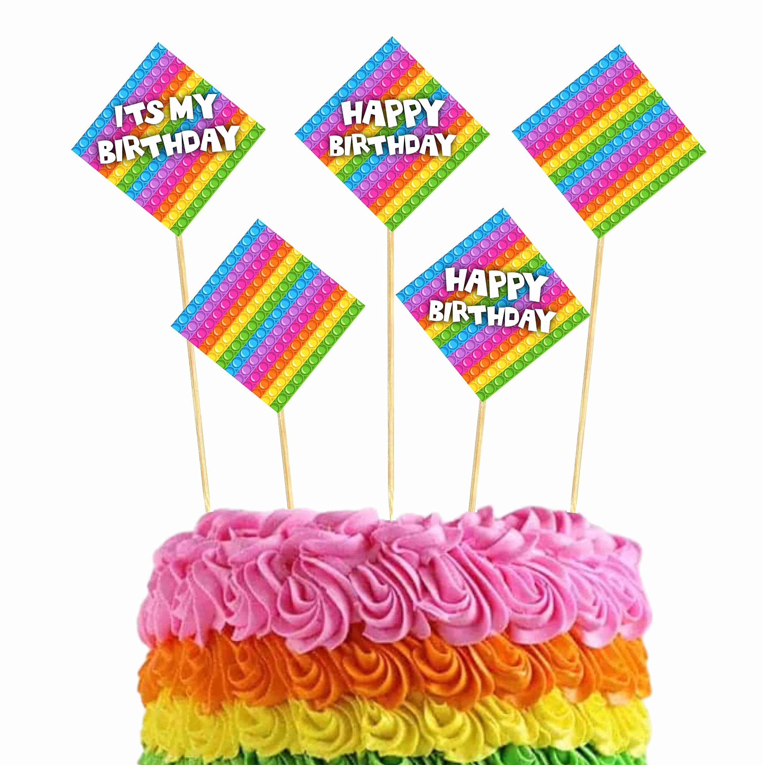 Balloonistics Pop It Theme Happy Birthday Cake Topper - Vibrant Cardstock Cupcake & Cake Decorations with Bamboo Sticks - Sensory Fidget Toy for Kids Birthdays & Events (Cake Topper - Pack of 10)