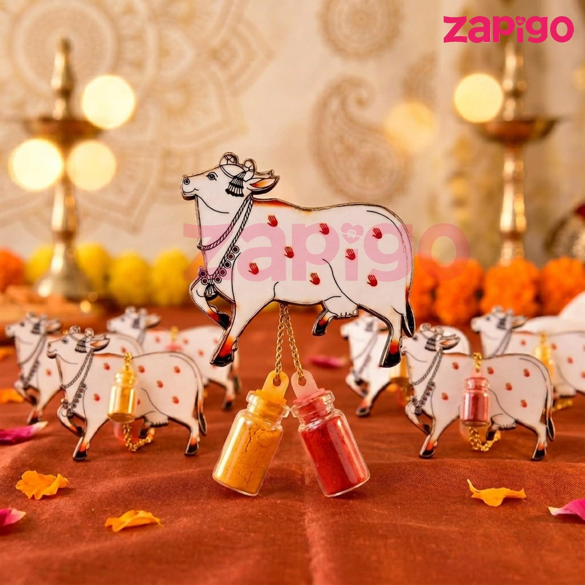 Habba Cow Design Haldi Kumkum Set, Pasupu Kumkum Dome Glass Bottle, Traditional Pooja Return Gift for Diwali, Navratri, Varalakshmi Vratham, Wedding & Festivals - Pack of 5 thumbnail 4