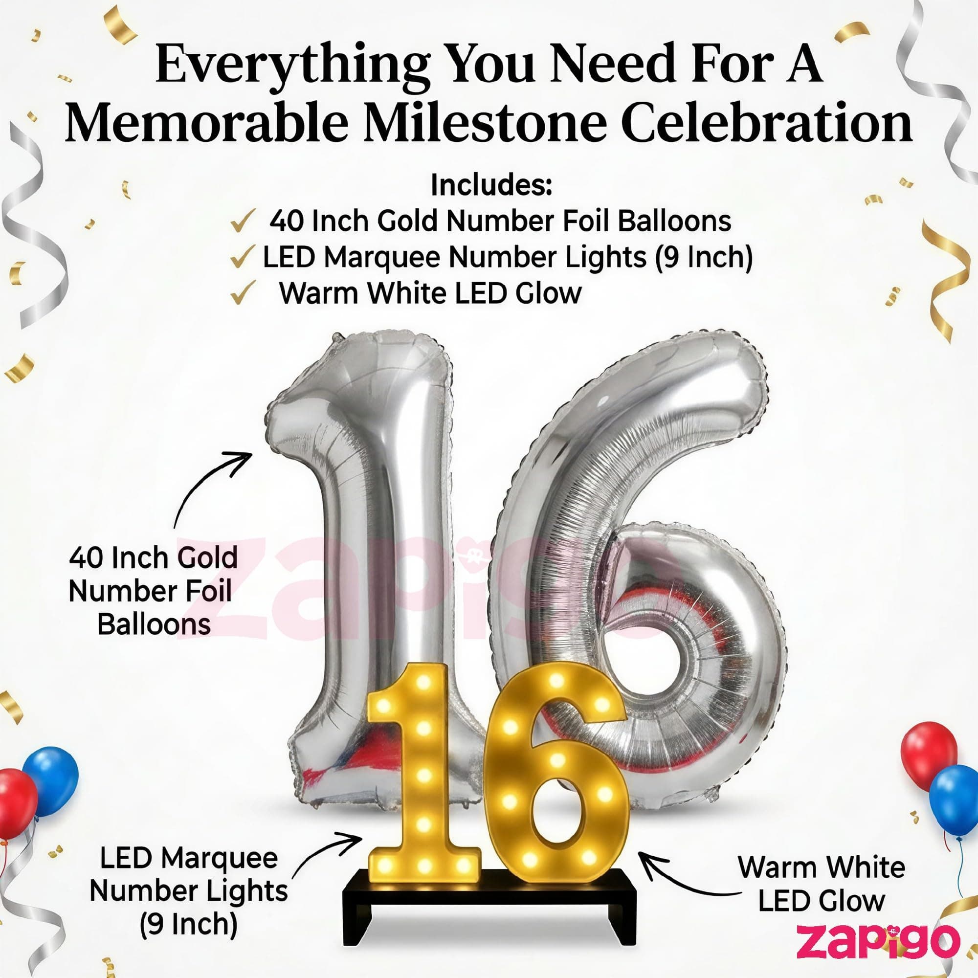 Balloonistics 12th Birthday Decoration Combo Kit - 40 Inch Silver Foil Number Balloon, LED Marquee Light, 50 Silver & Blue Balloons, Happy Birthday Banner, Balloon Pump & Glue Dots thumbnail 7