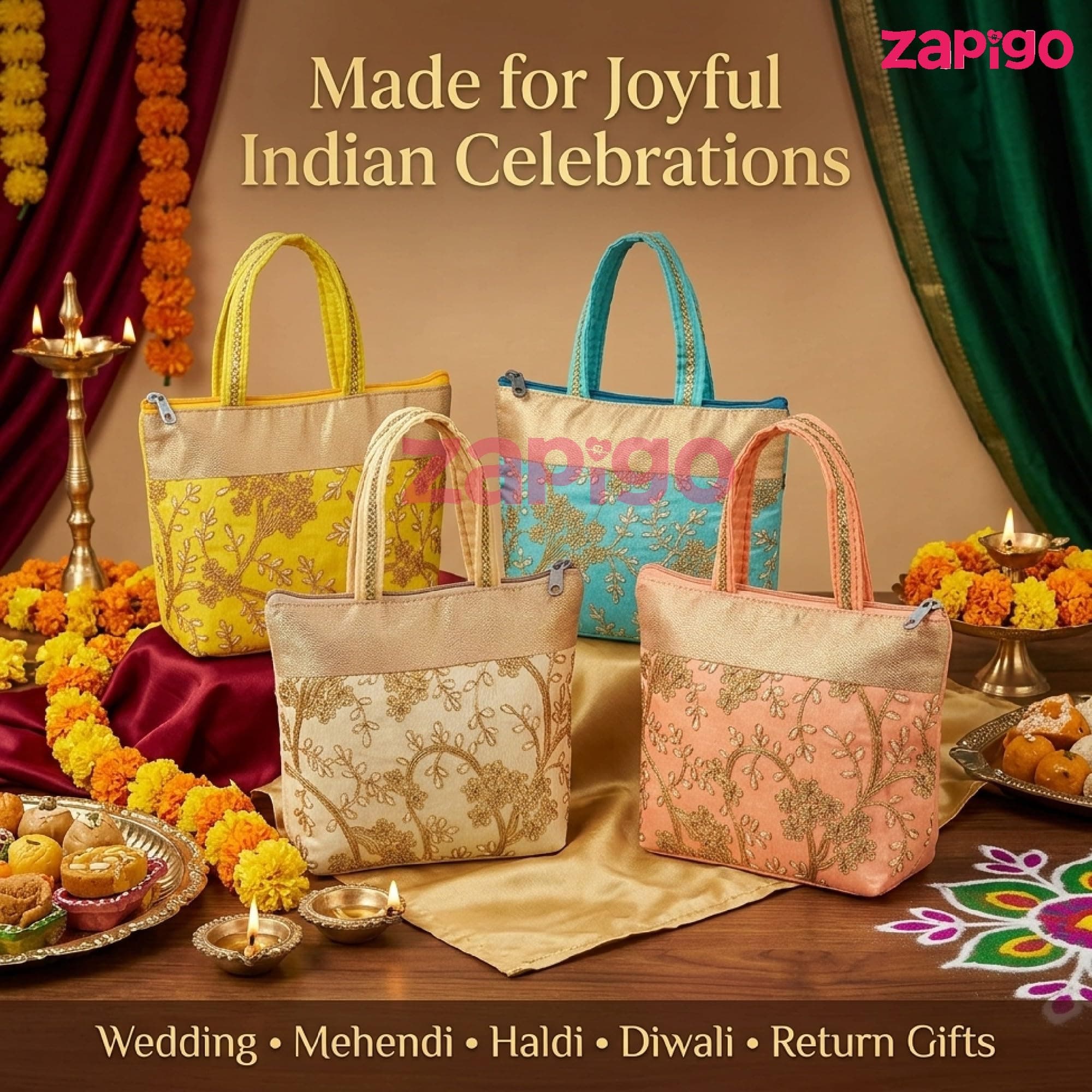 Habba Embroidery Design Hand Bag for Women, Padded Handles, Zip Closure, Compact Ethnic Festive Wedding, Mehendi, Haldi Kumkum, Tamboolam, Shagun, Return Gift Bag for Guests, Pack of 5 thumbnail 6