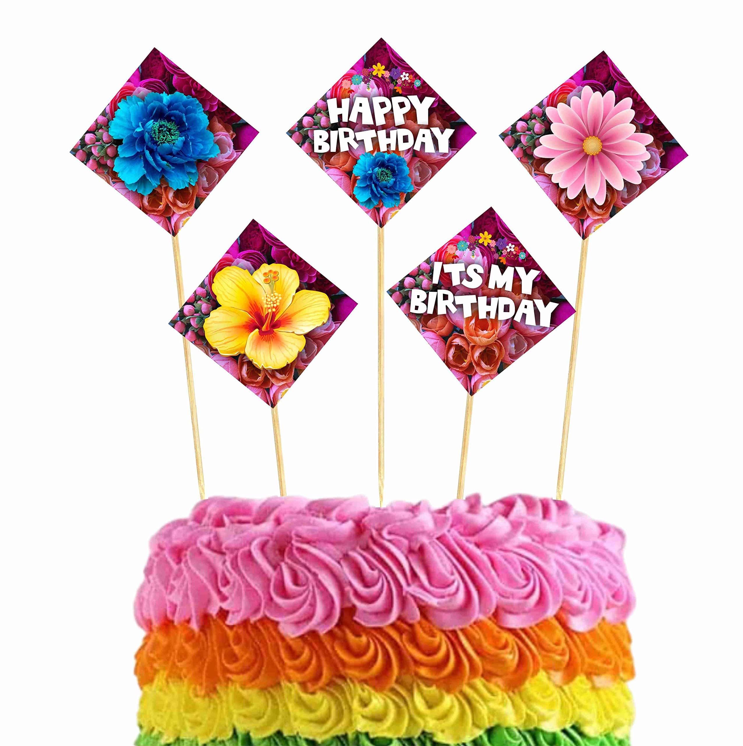 Balloonistics Floral Theme Happy Birthday Cake Toppers (Pack of 10) - Botanical Flower & Leaf Cake Decorations - Premium Cardstock Dessert Picks with Bamboo Sticks for Girls' Birthdays (Cake Topper - Pack of 10)