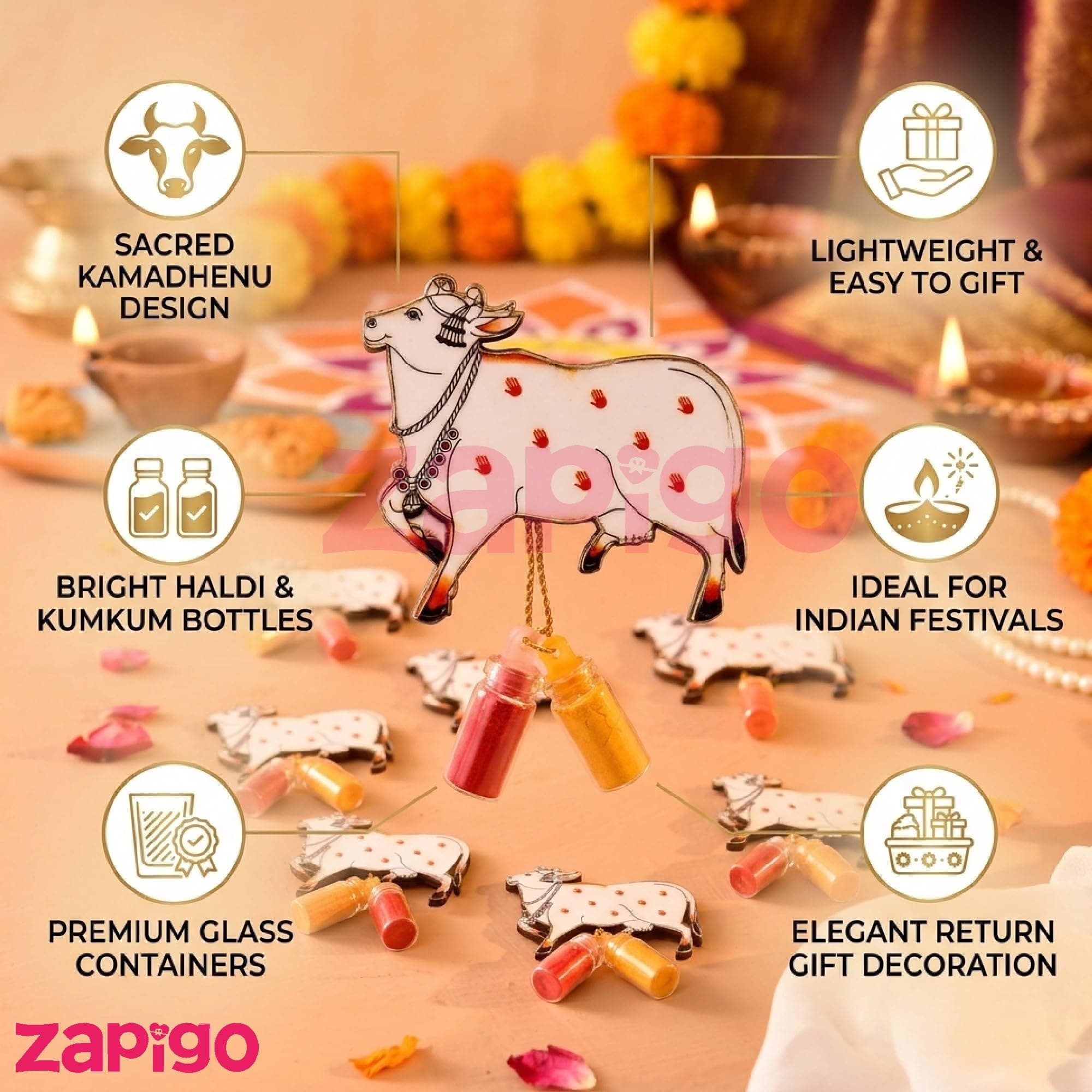Habba Cow Design Haldi Kumkum Set, Pasupu Kumkum Dome Glass Bottle, Traditional Pooja Return Gift for Diwali, Navratri, Varalakshmi Vratham, Wedding & Festivals - Pack of 10 thumbnail 2