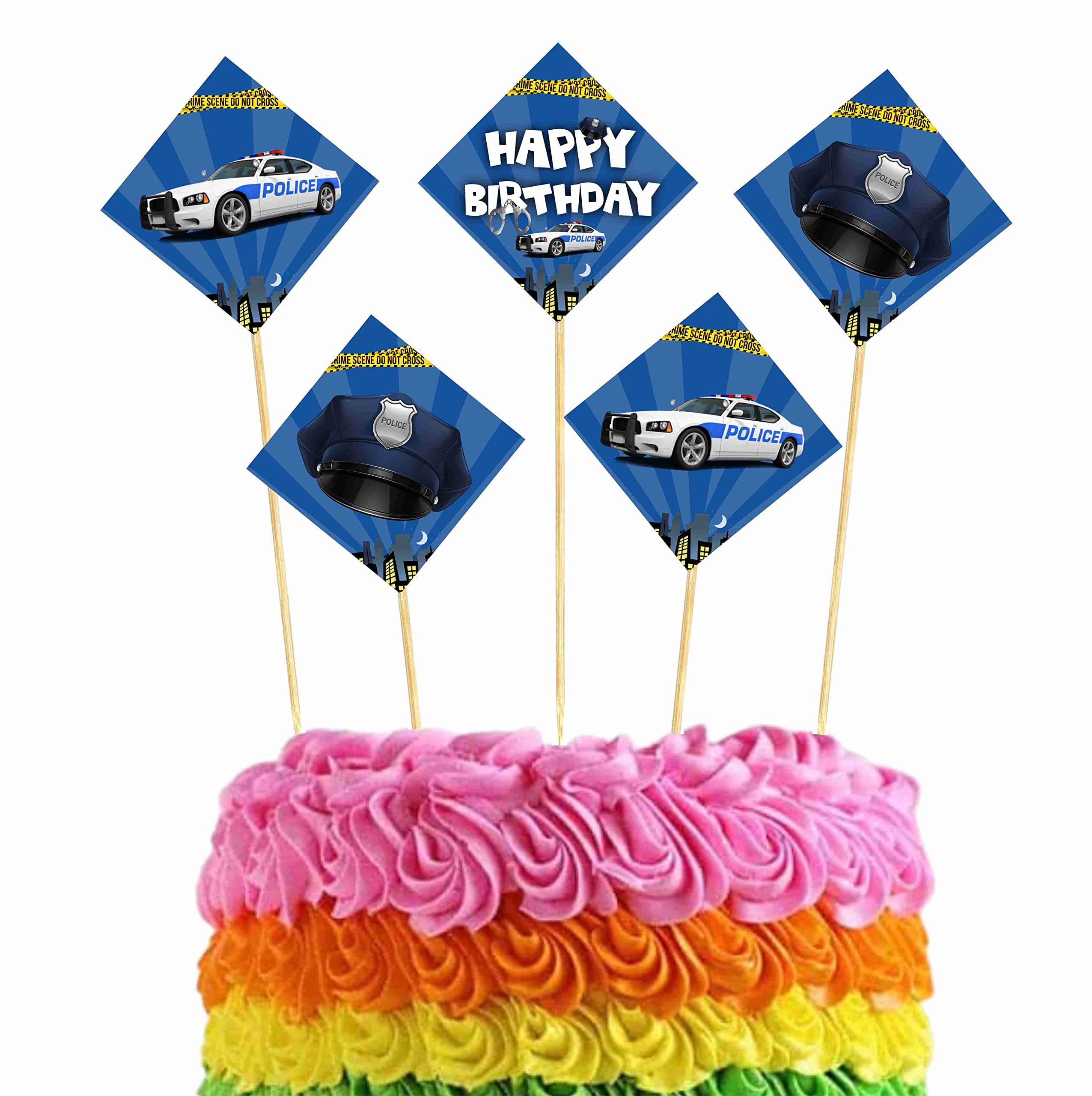Balloonistics Police Happy Birthday Cake Toppers - Pack of 10 Cardstock Cake Picks - Police Officer Theme Party Decorations, Cop Car & Badge Dessert Toppers on Bamboo Sticks