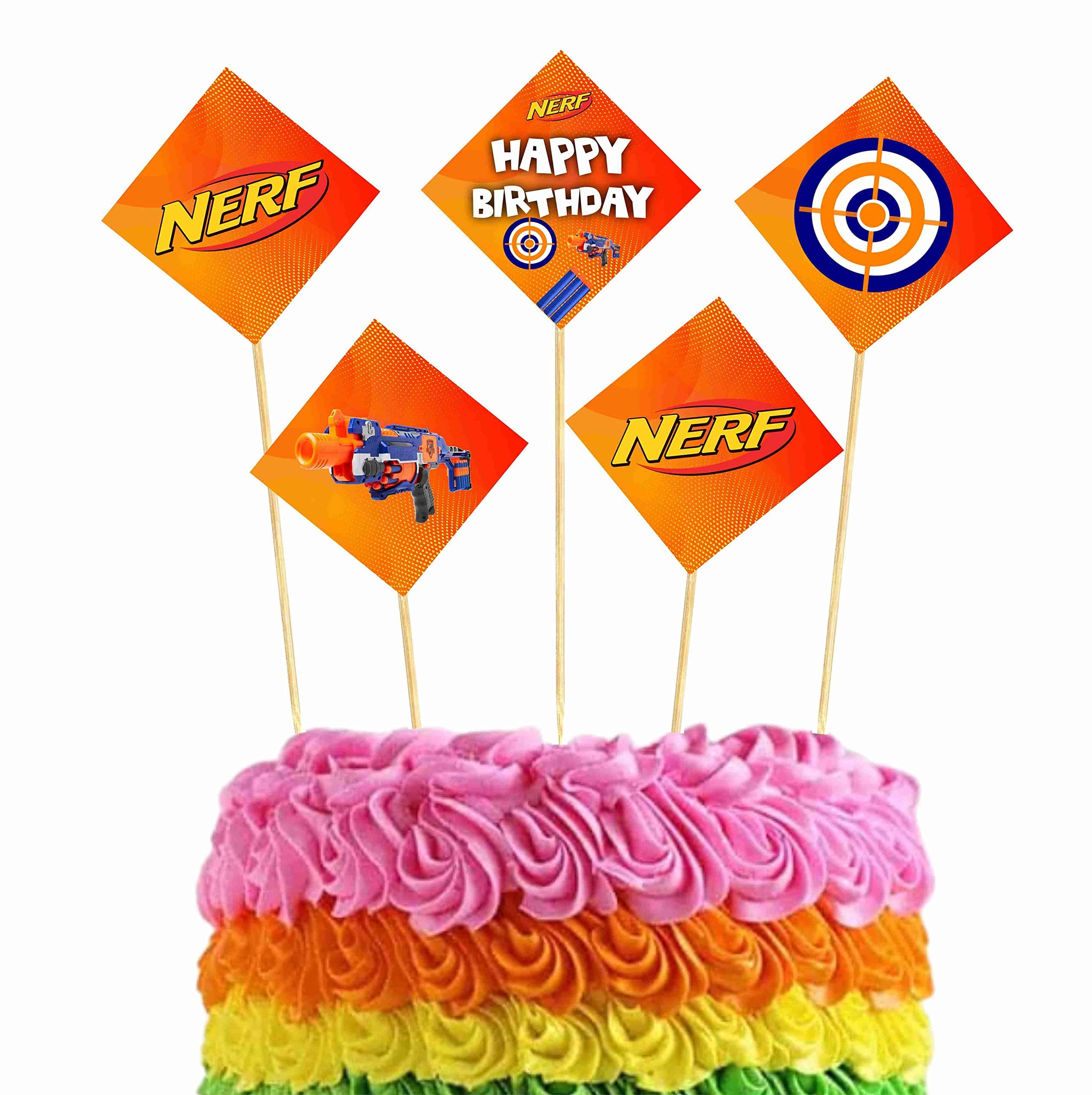NERF Theme Happy Birthday Cake Topper - Pack of 10 "Battle Ready" Decorations - Blue & Orange Dart, Target & Blaster Cake Picks, Action-Packed Party Centerpiece (Cake Topper - Pack of 10) thumbnail 1