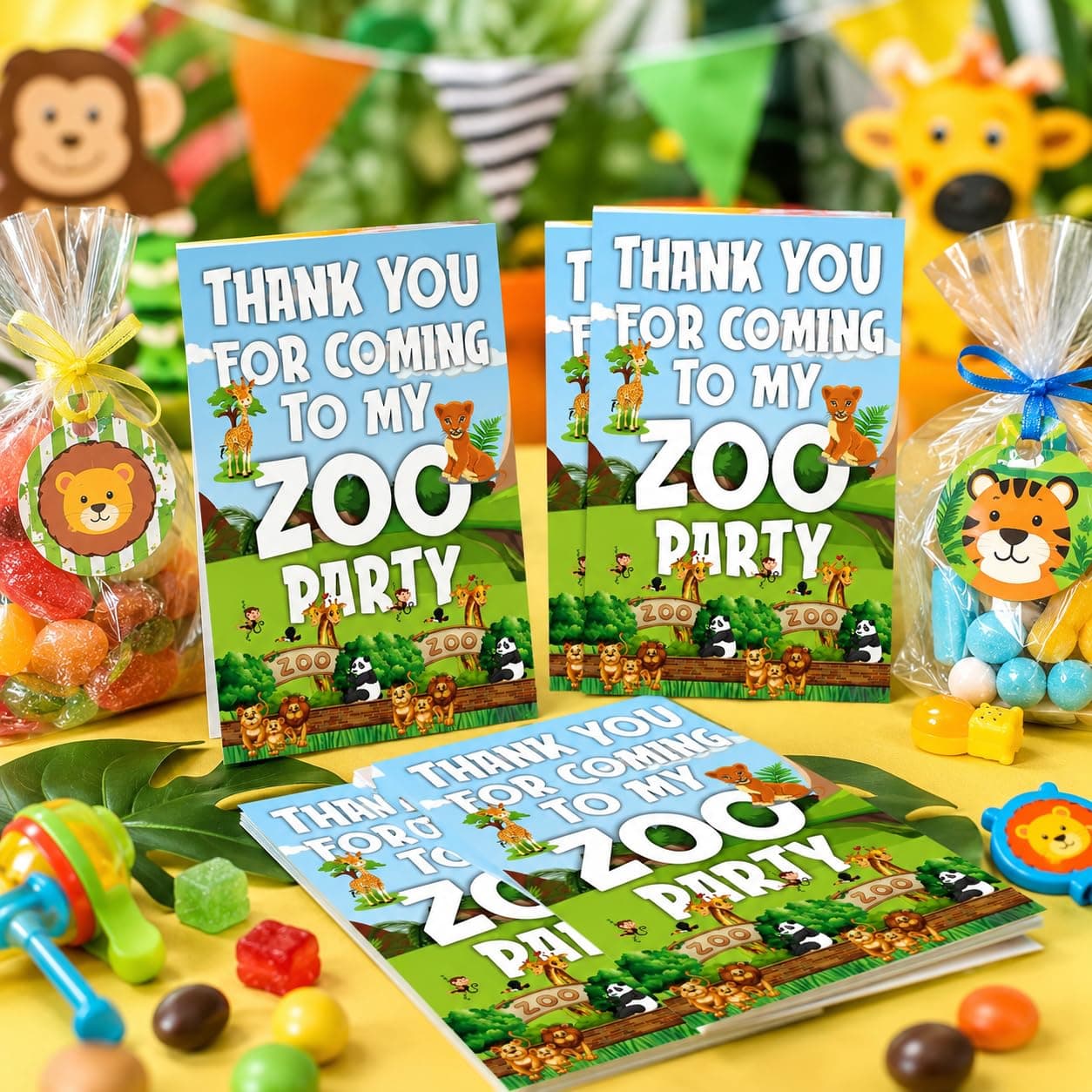 Balloonistics Zoo Theme Thank You Cards - Pack of 20 Premium Matte Note Cards - Lion, Giraffe & Zebra Jungle Safari Stationery with Matching Envelopes - Post-Party Gratitude for Kids Birthdays (Thank you Cards - Pack of 20)