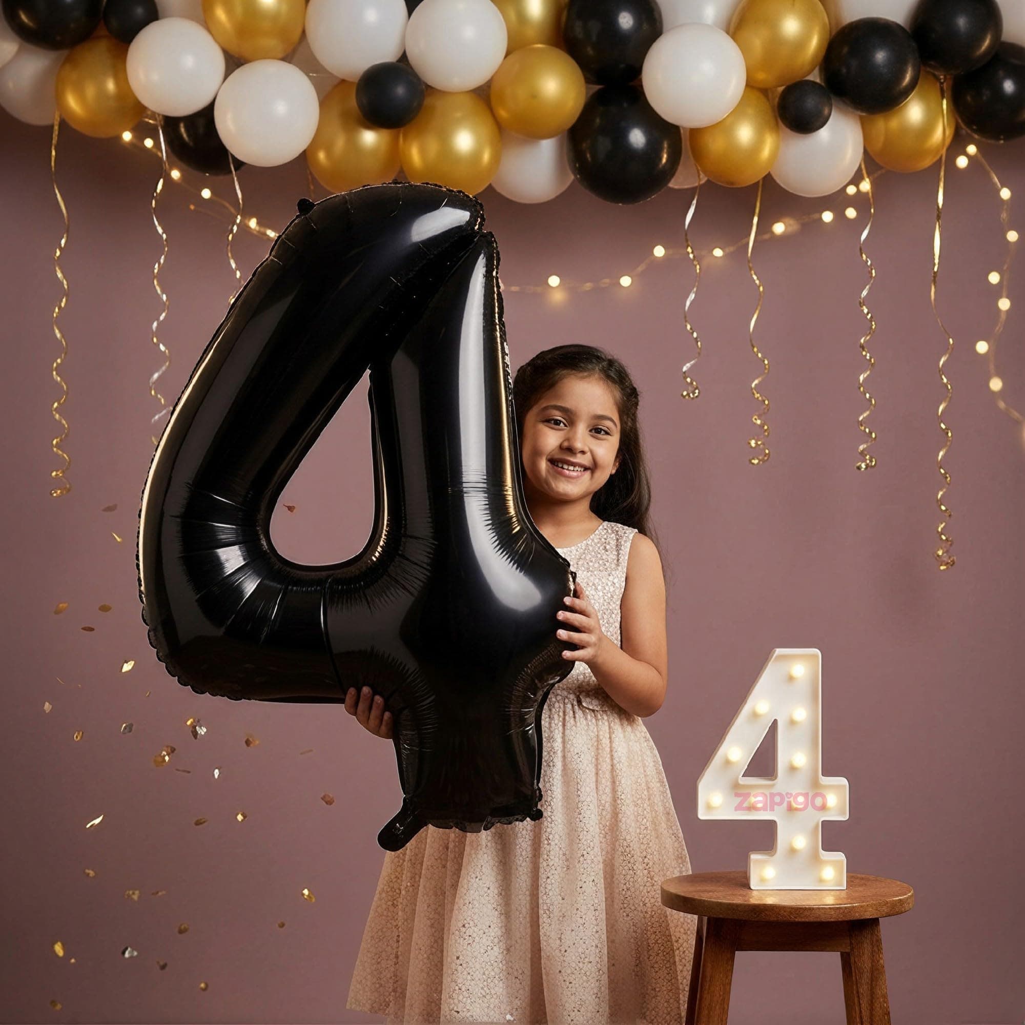 Balloonistics Black 40-Inch Foil Number 4 Balloon with Matching LED Marquee Light - Combo Set for 4th Birthday, Anniversary, Party Decoration, Photo Booth Backdrop, Cake Table Decor thumbnail 1