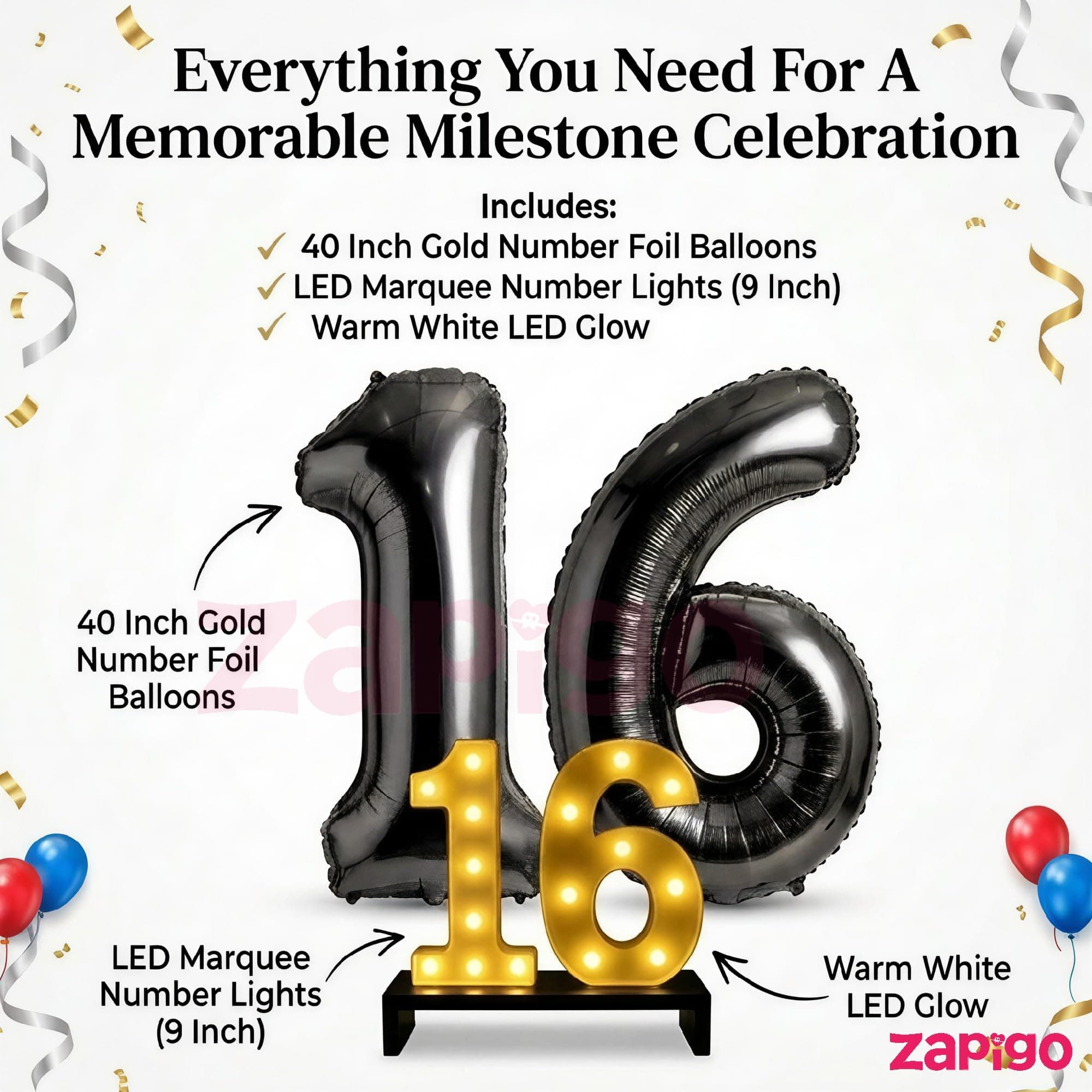 Balloonistics Black 40-Inch Foil Number 1 Balloon with Matching LED Marquee Light - Combo Set for 1st Birthday, Anniversary, Party Decoration, Photo Booth Backdrop thumbnail 2