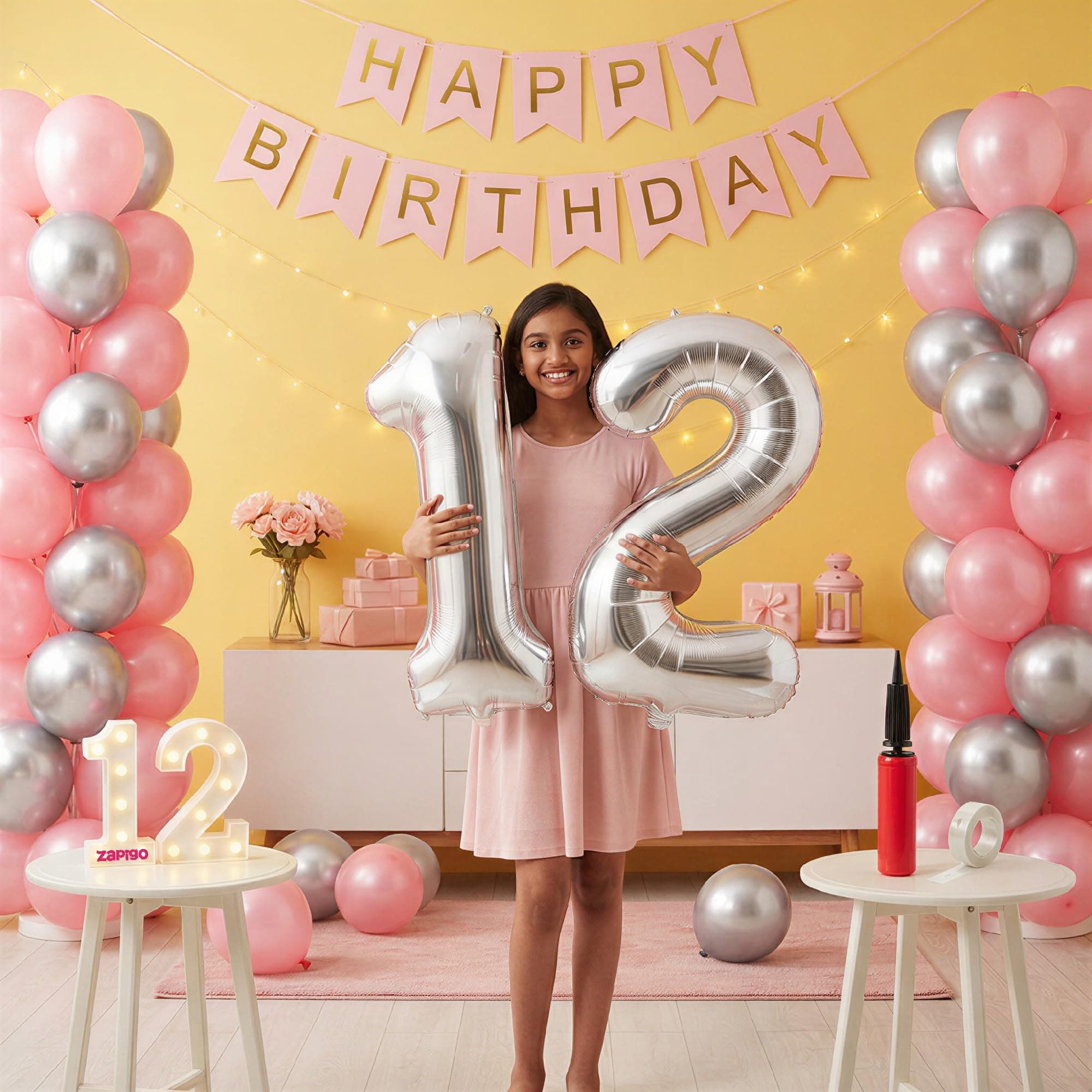 Balloonistics 12th Birthday Decoration Combo Kit - 40 Inch Silver Foil Number Balloon, LED Marquee Light, 50 Silver & Pink Balloons, Happy Birthday Banner, Balloon Pump & Glue Dots thumbnail 1