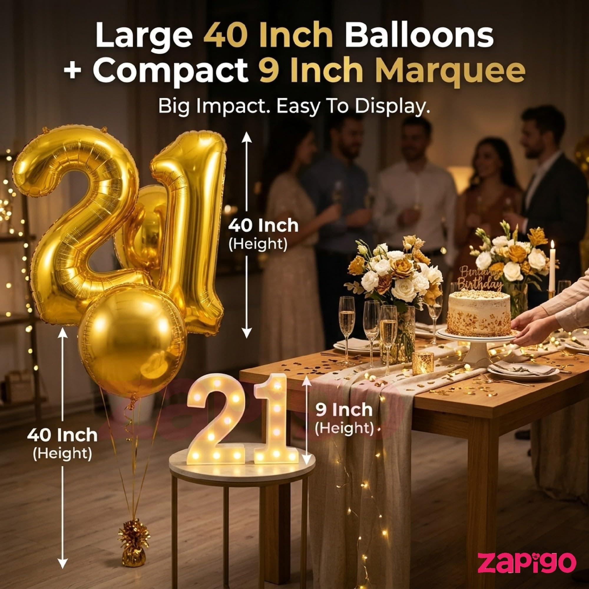Balloonistics Gold 40-Inch Foil Number 18 Balloon with Matching LED Marquee Light - Combo Set for 18th Birthday, Anniversary, Party Decoration, Photo Booth Backdrop thumbnail 3