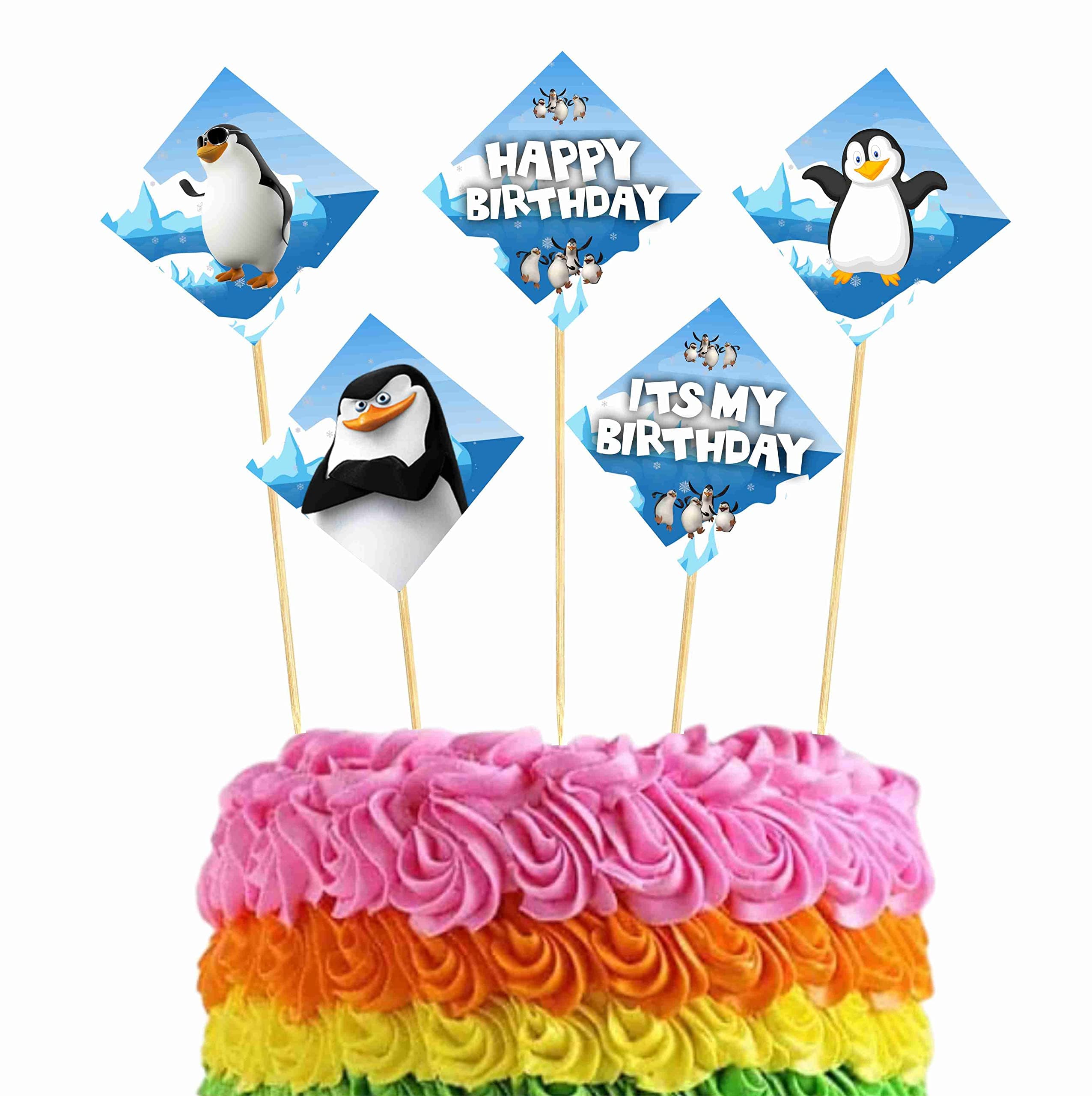 Balloonistics Penguin Happy Birthday Cake Topper - Pack of 10 Double-Sided Cardstock Cake Picks - Cute Winter Theme Birthday Decorations, Arctic Party Dessert Toppers on Food-Safe Bamboo Sticks (Cake Topper - Pack of 10)